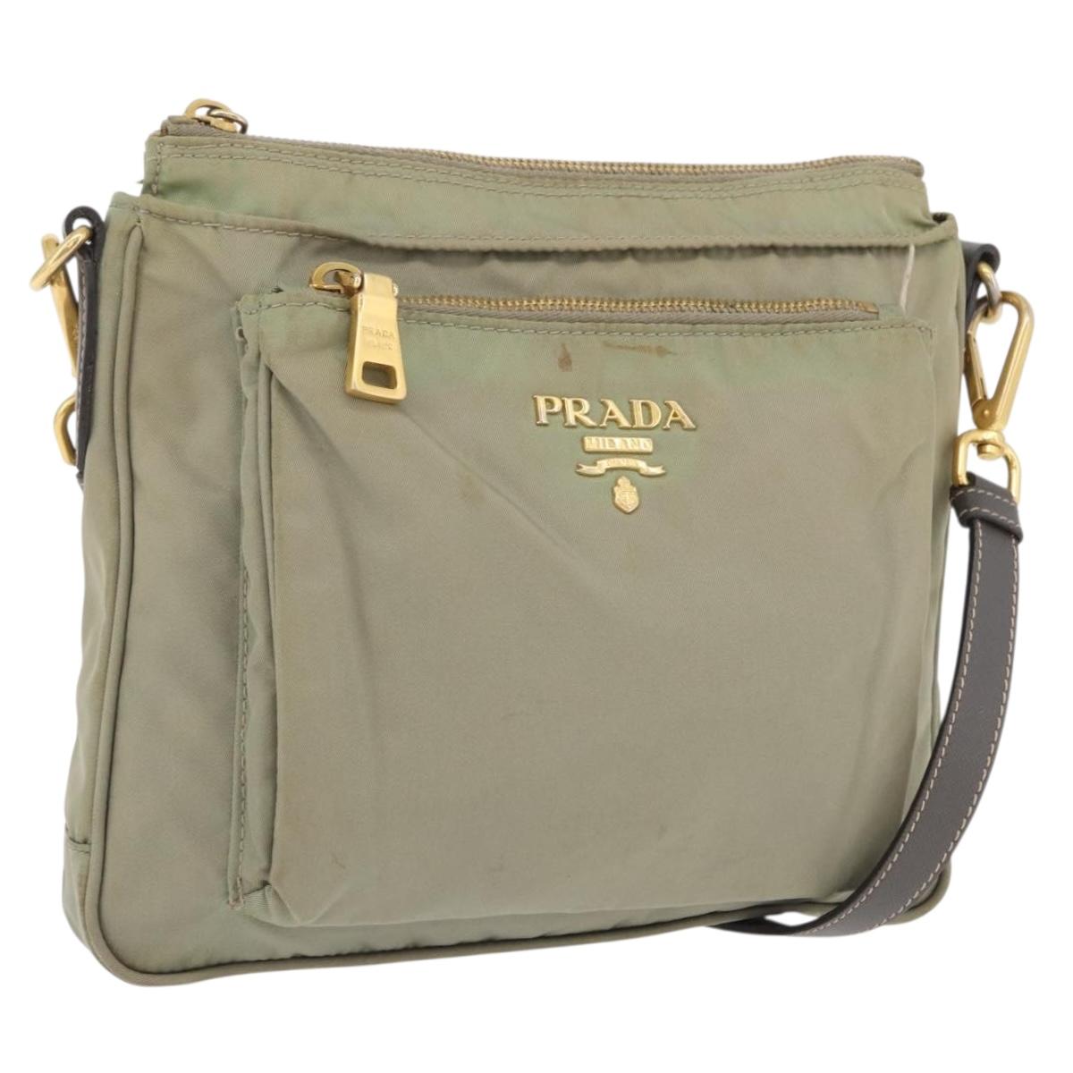 PRADA Shoulder Bag Nylon Leather Beige Gold Auth fm5136