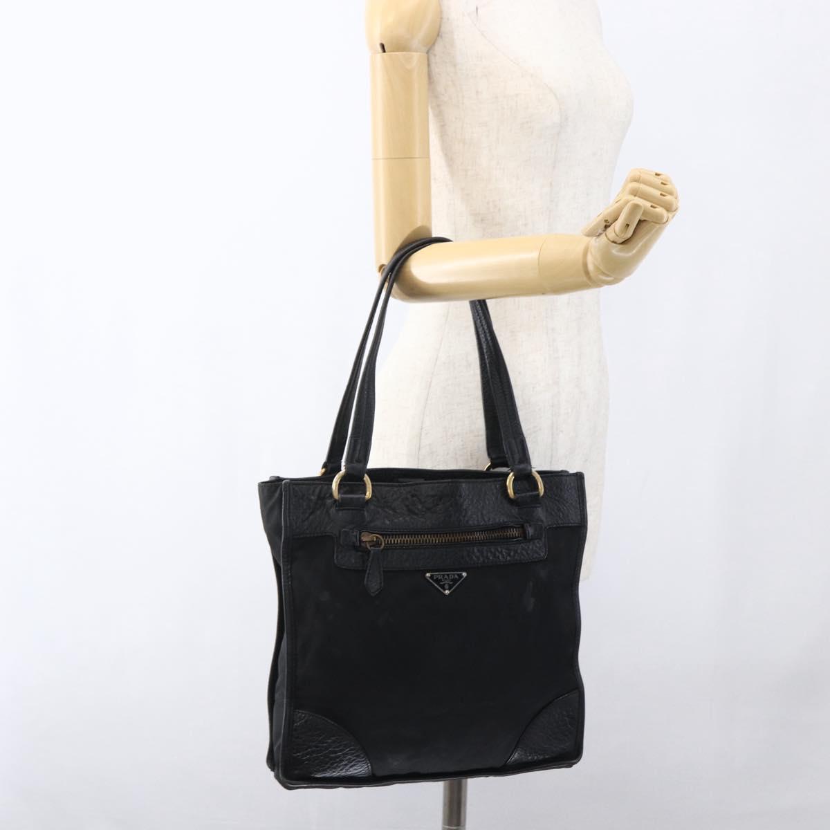 PRADA Tote Bag Nylon Leather Black Gold Auth fm5143