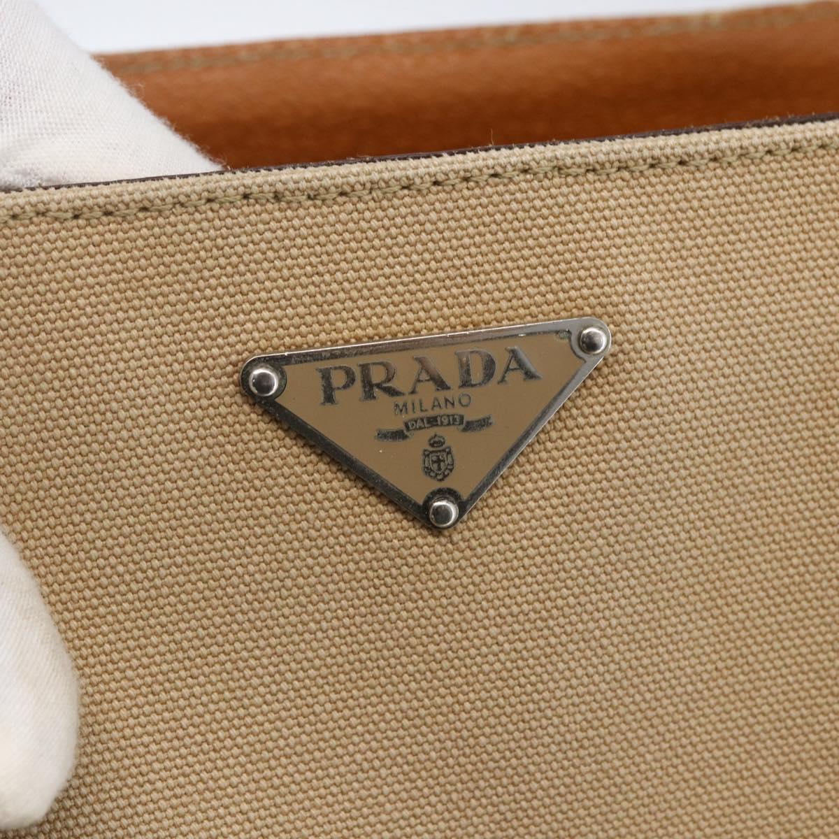 PRADA Hand Bag Canvas Leather Beige Silver Auth fm5148