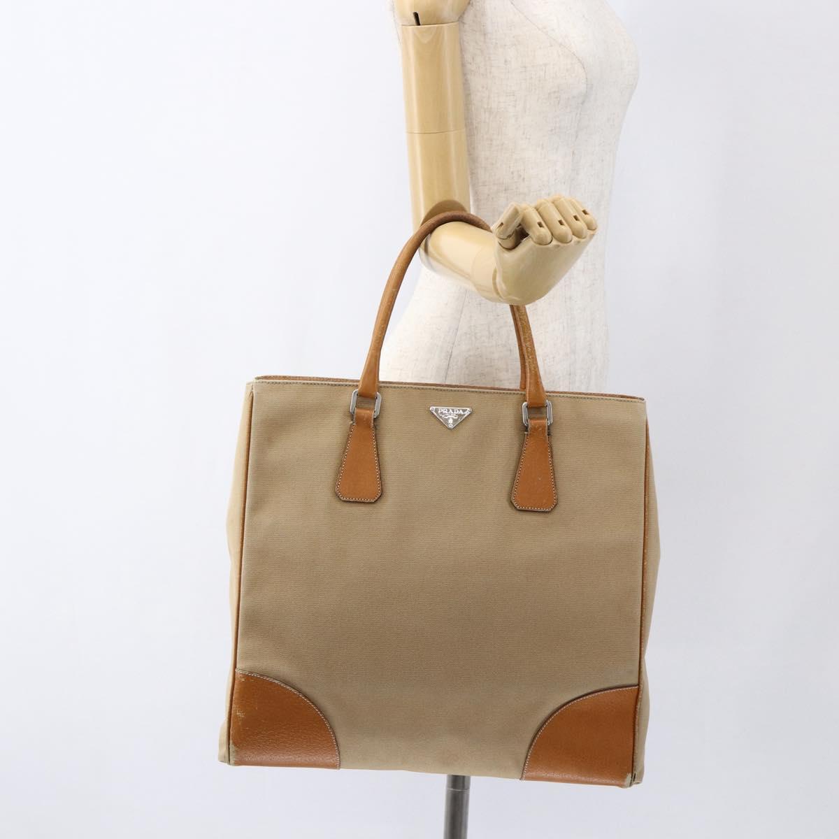 PRADA Hand Bag Canvas Leather Beige Silver Auth fm5148