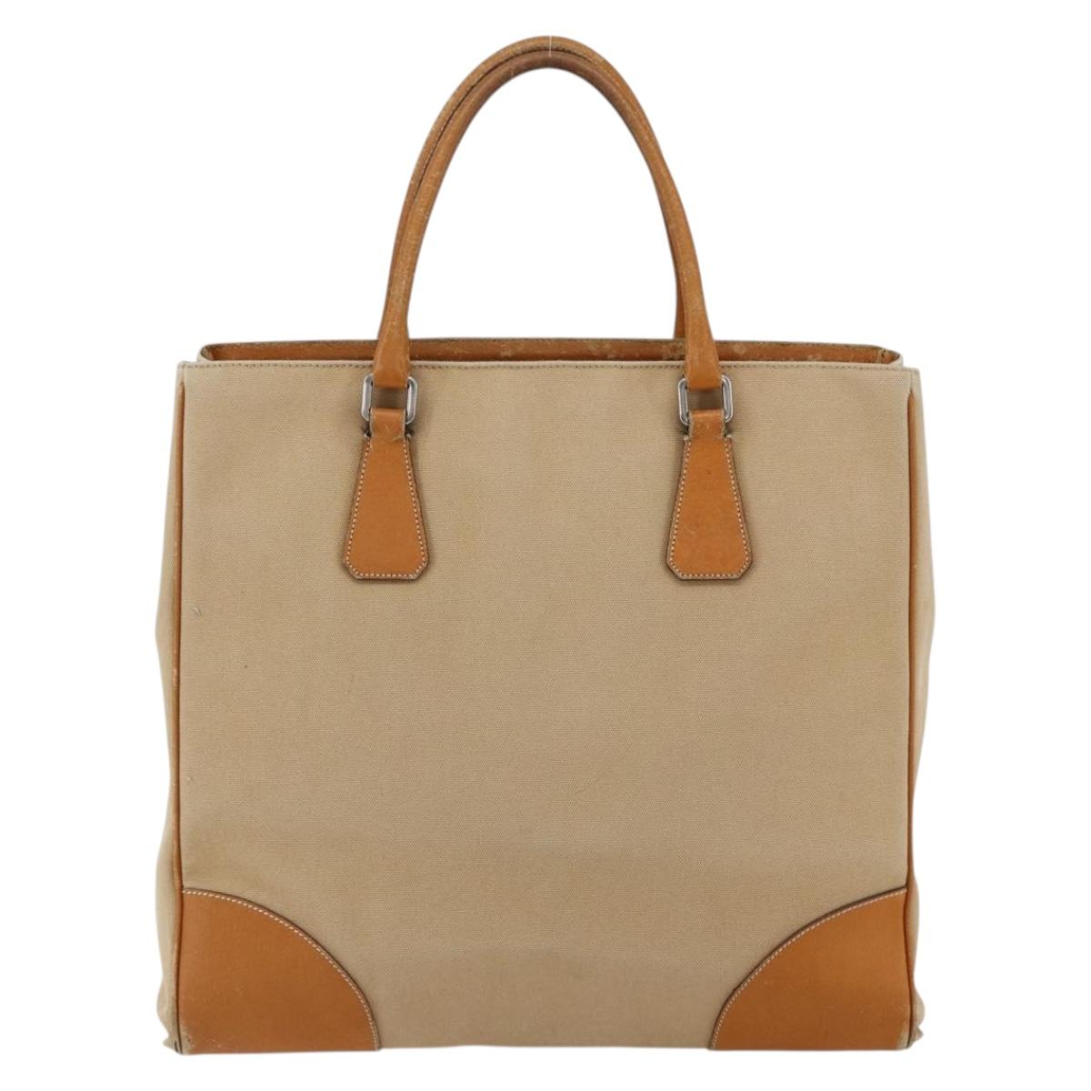 PRADA Hand Bag Canvas Leather Beige Silver Auth fm5148