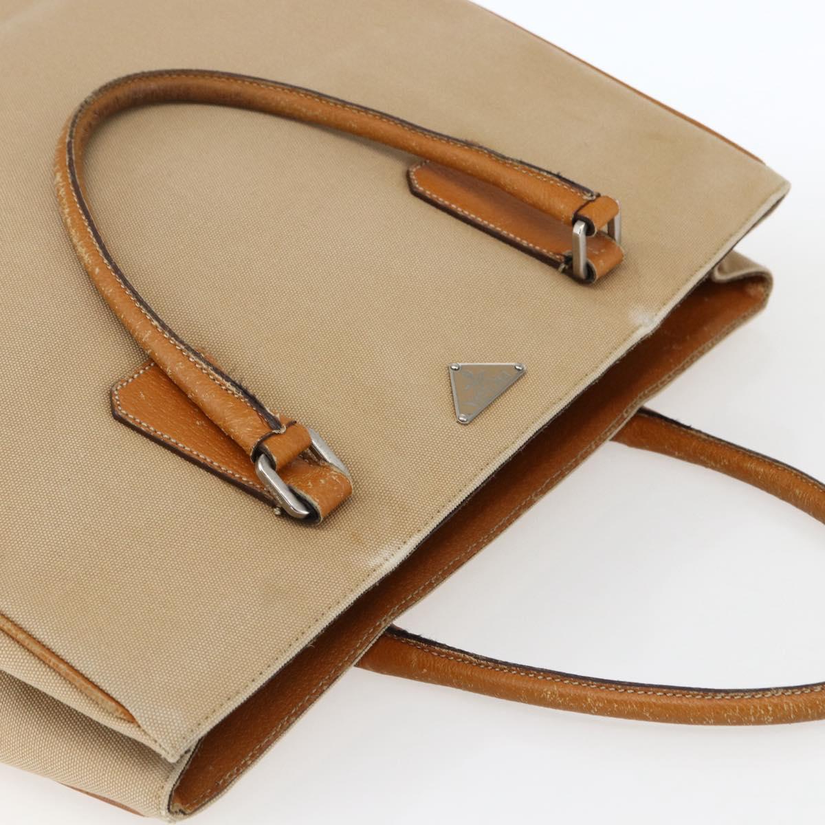 PRADA Hand Bag Canvas Leather Beige Silver Auth fm5148