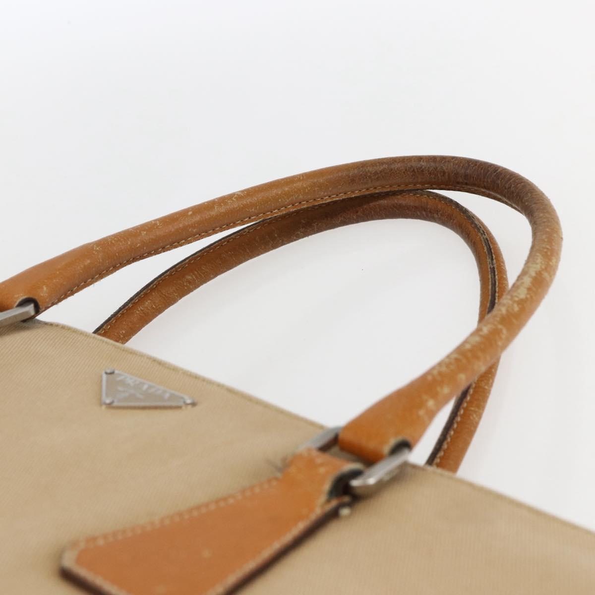 PRADA Hand Bag Canvas Leather Beige Silver Auth fm5148
