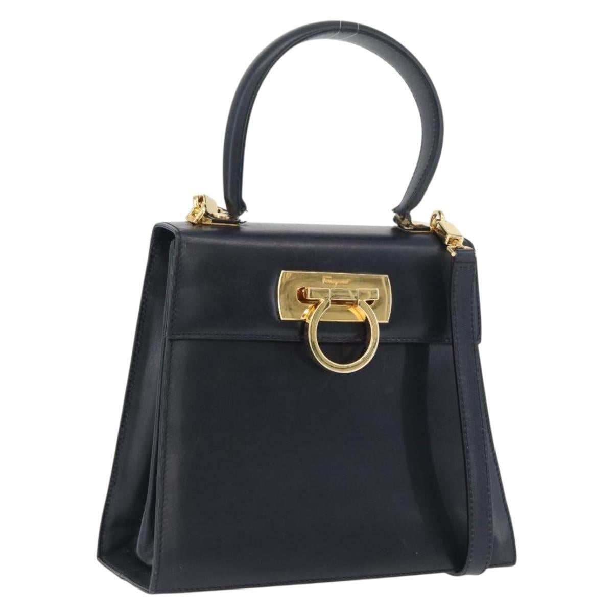 Salvatore Ferragamo Gancini Hand Bag Leather 2way Navy Gold Auth fm5153