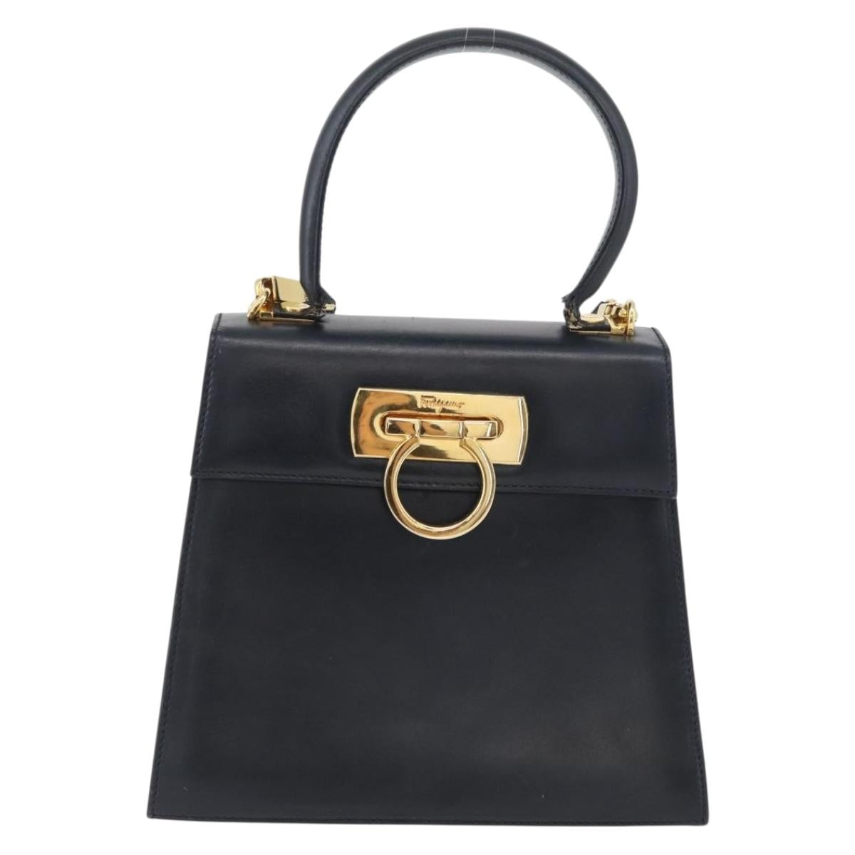 Salvatore Ferragamo Gancini Hand Bag Leather 2way Navy Gold Auth fm5153
