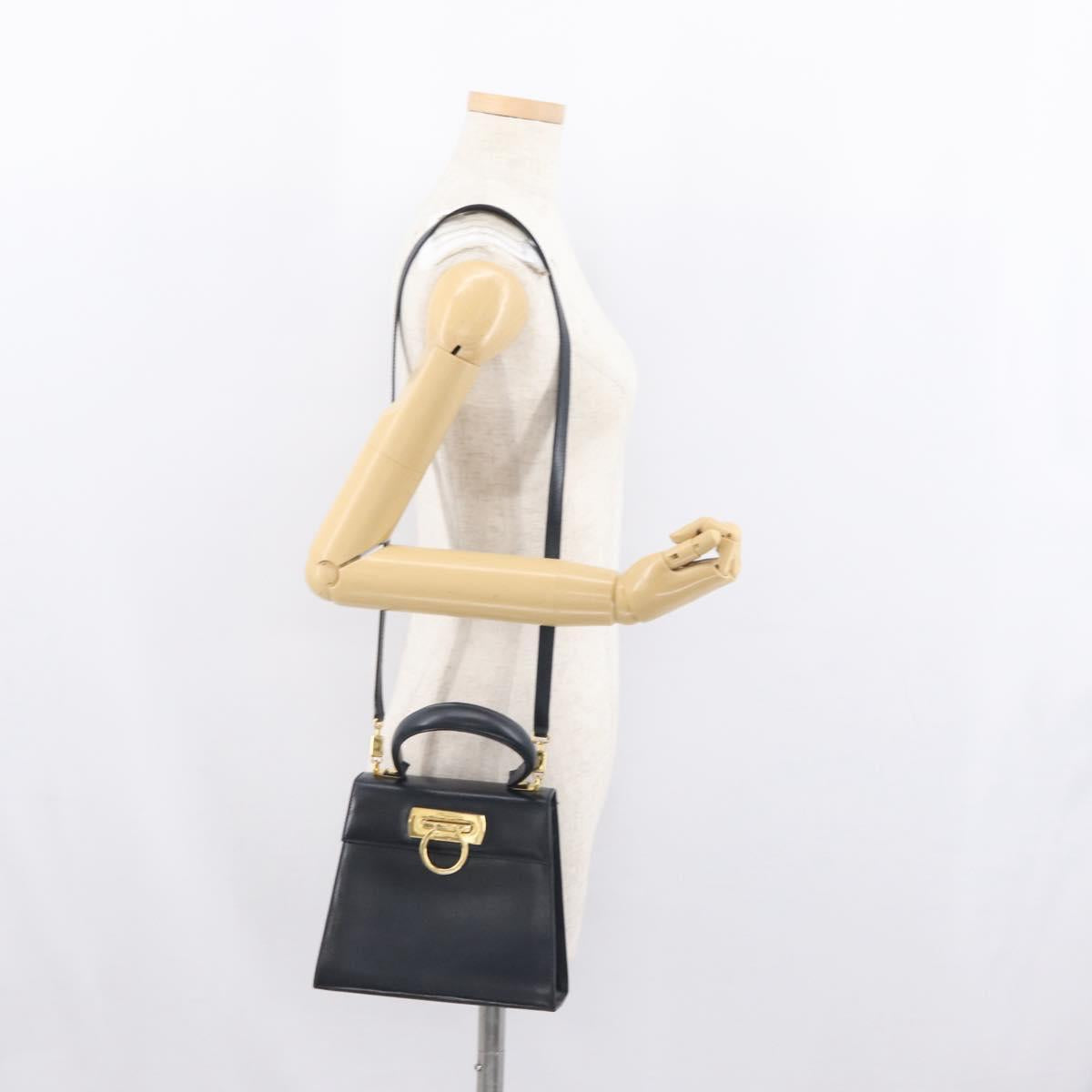 Salvatore Ferragamo Gancini Hand Bag Leather 2way Navy Gold Auth fm5153