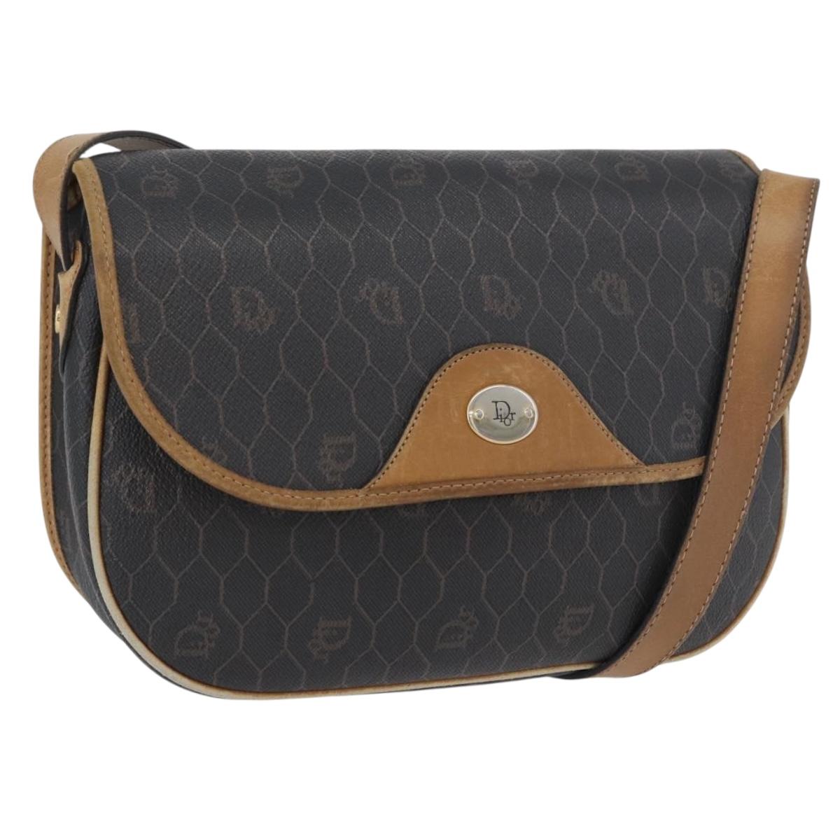 Christian Dior Honeycomb Canvas Shoulder Bag PVC Black Gold Auth fm5155