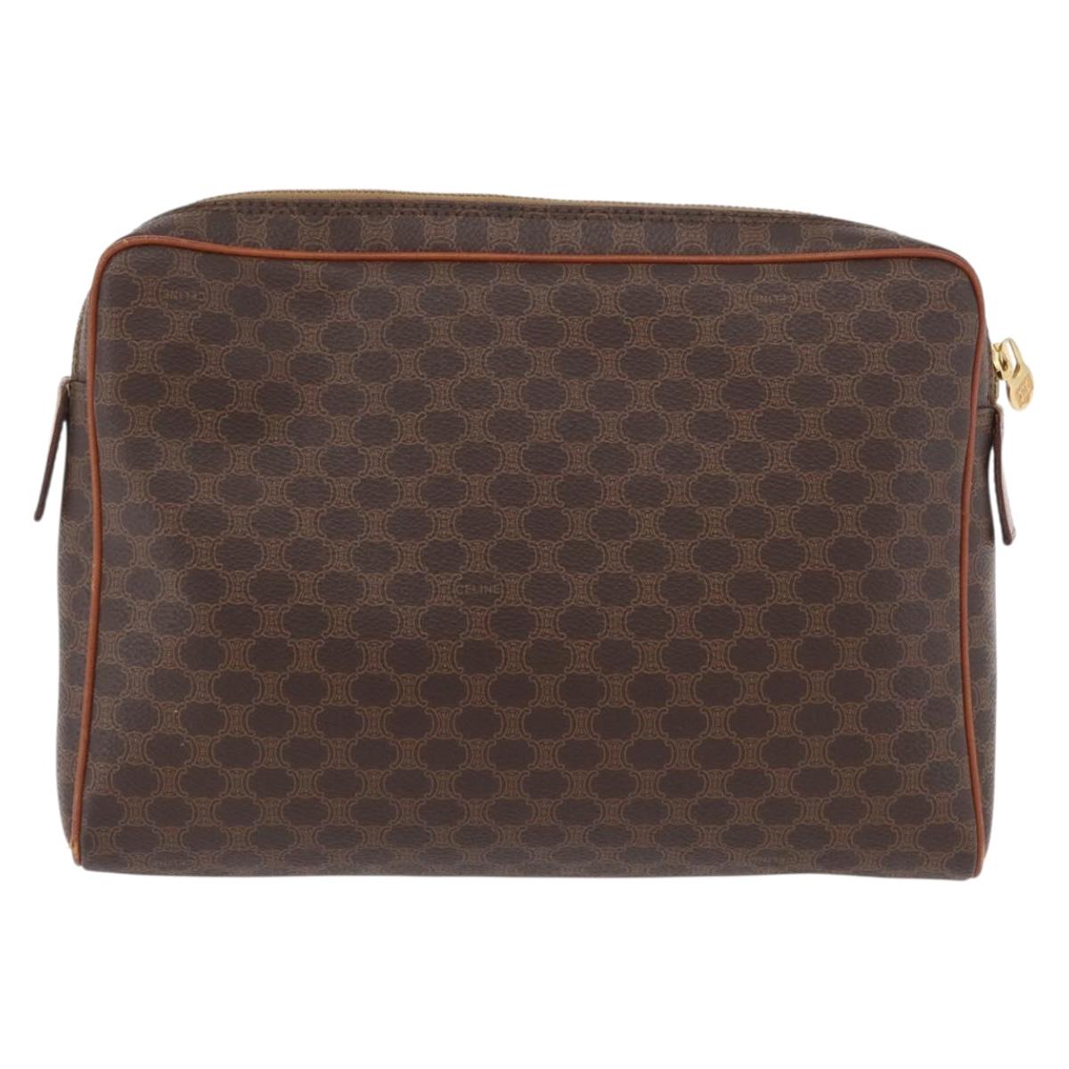 CELINE Macadam Canvas Pouch PVC Leather Brown Gold Auth fm5156