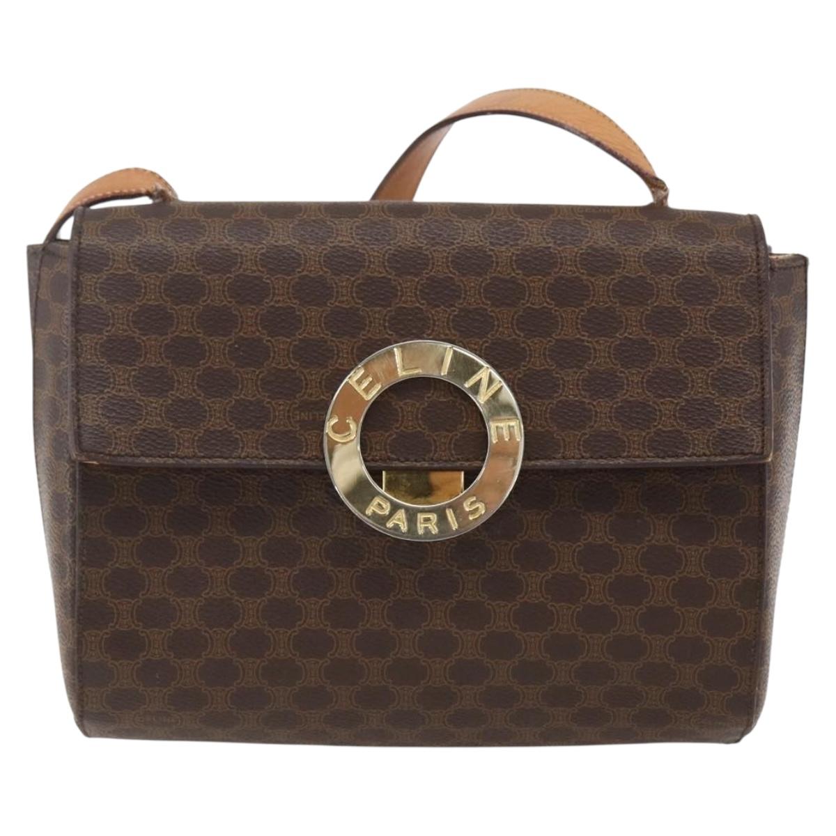 CELINE Macadam Canvas Circle Shoulder Bag PVC Leather Brown Gold Auth fm5157