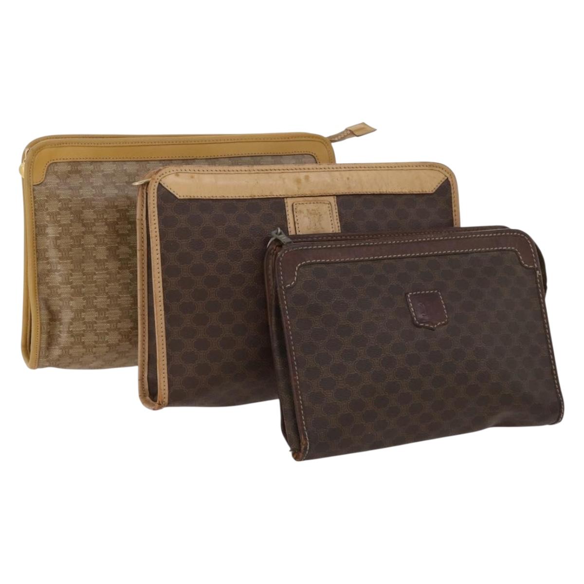 CELINE Macadam Canvas Bag PVC Leather 3 Set Brown Beige Auth fm5164