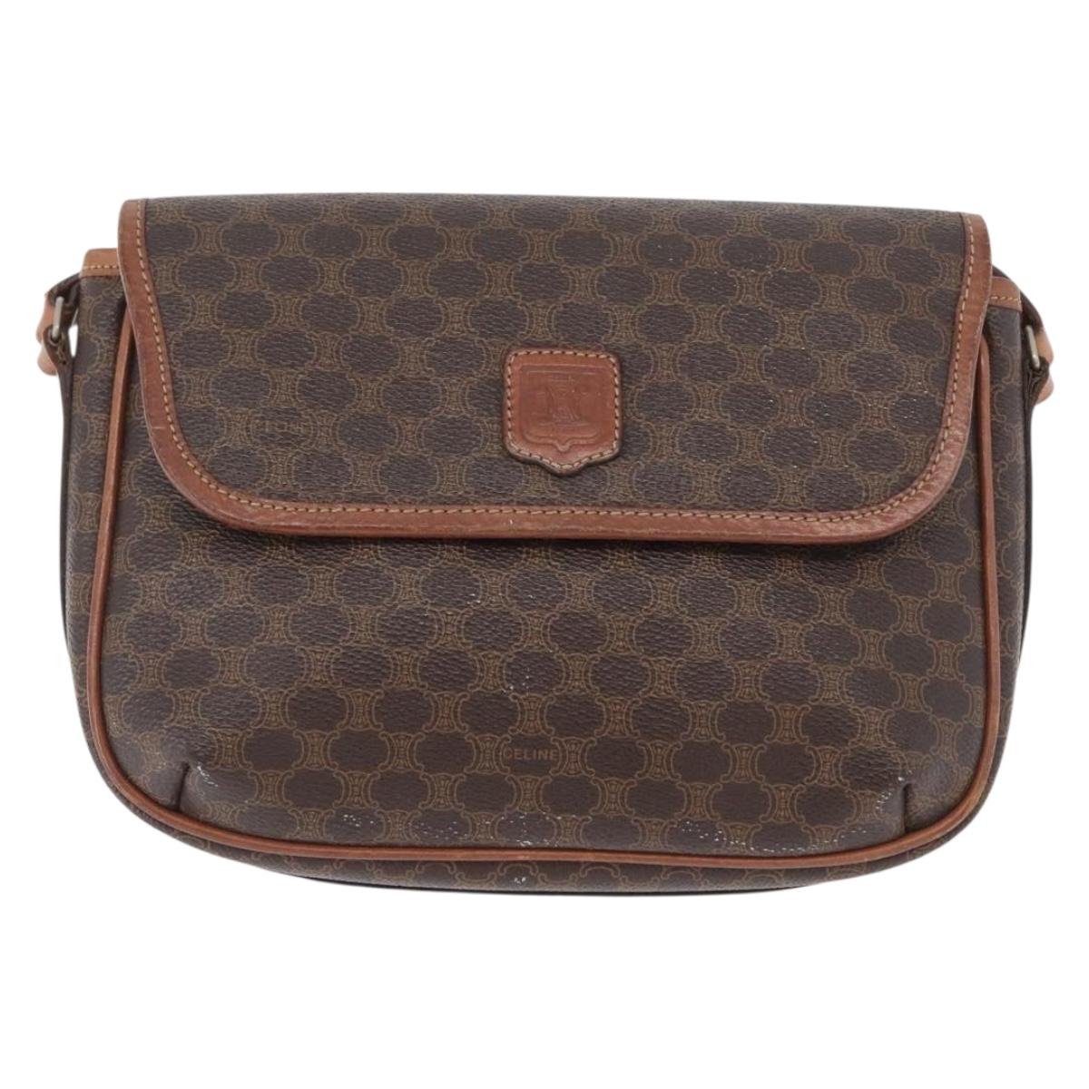 CELINE Macadam Canvas Shoulder Bag PVC Leather Brown Gold Auth fm5173