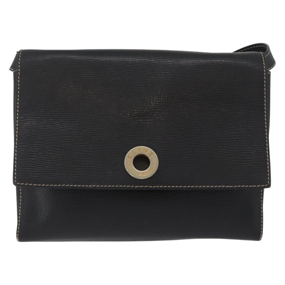 CELINE Circle Shoulder Bag Leather Black Gold Auth fm5181