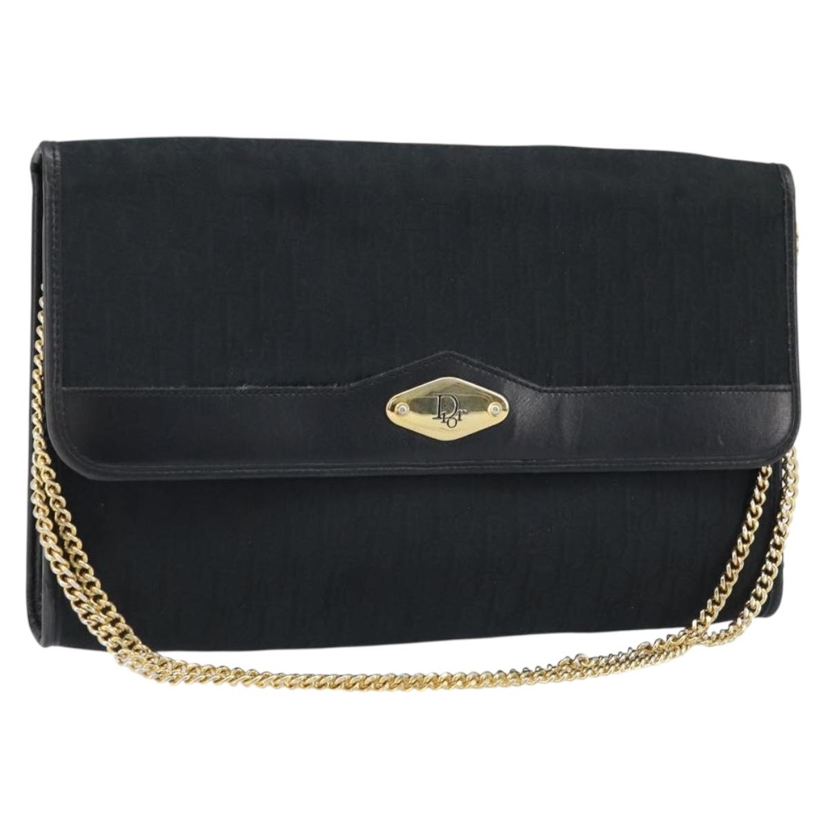 Christian Dior Trotter Canvas Chain Shoulder Bag Black Gold Auth fm5212