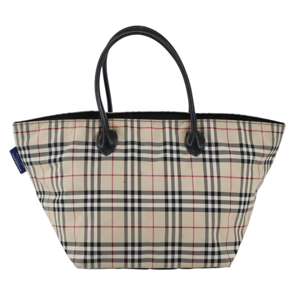 BURBERRY Nova Check Blue Label Hand Bag Nylon Beige Silver Auth fm5216