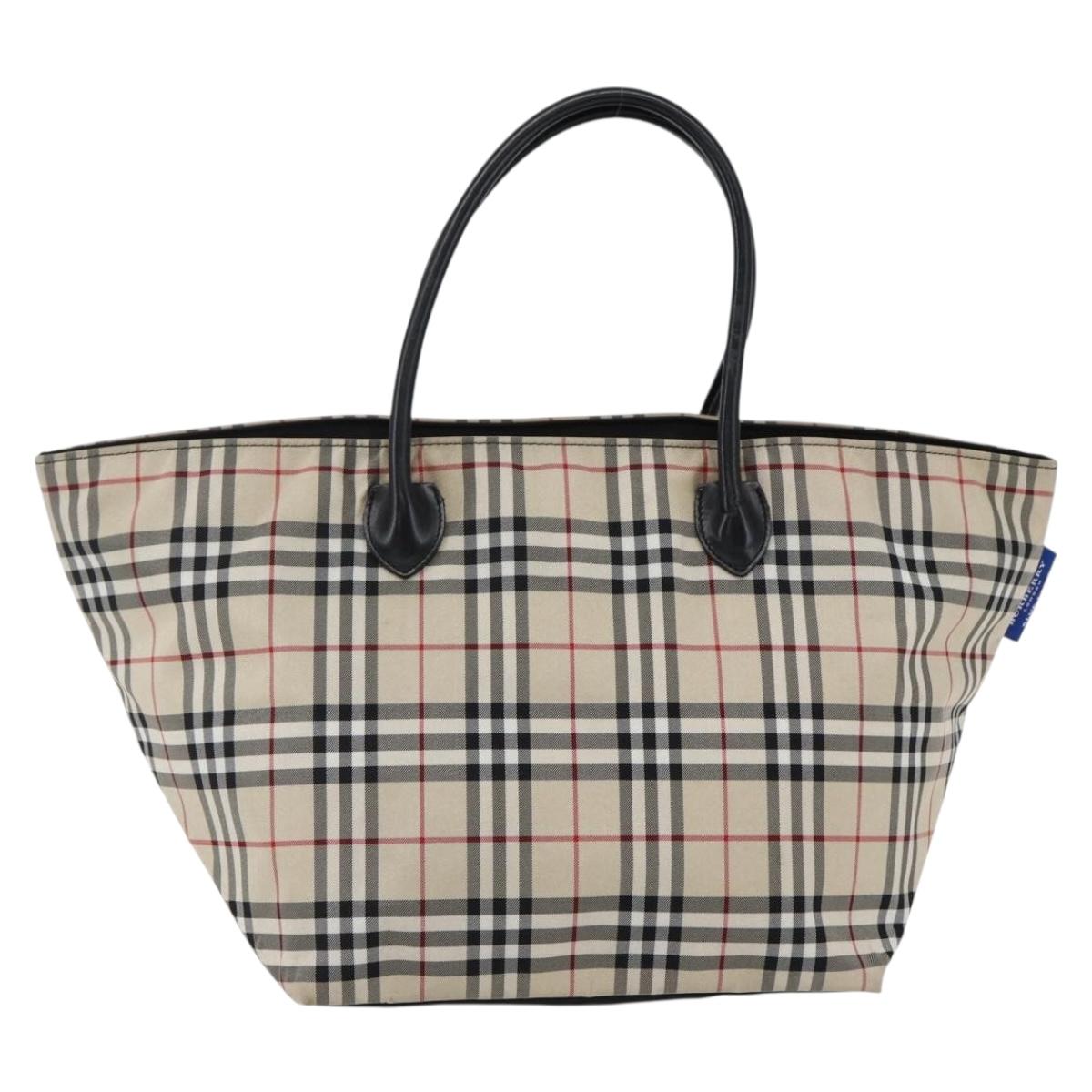 BURBERRY Nova Check Blue Label Hand Bag Nylon Beige Silver Auth fm5216