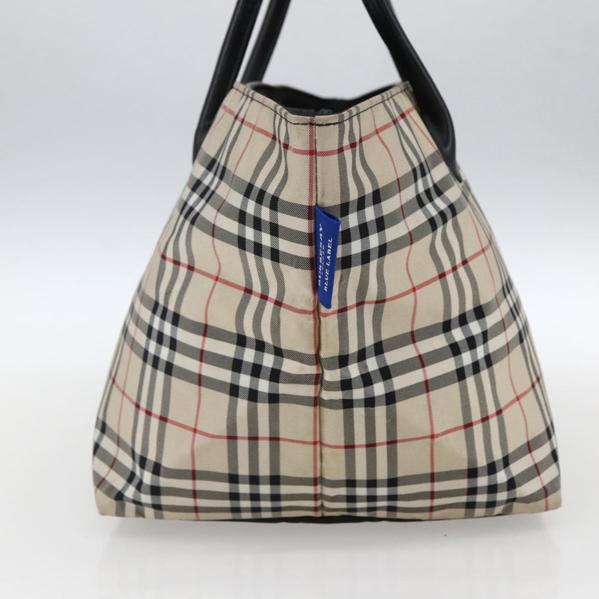 BURBERRY Nova Check Blue Label Hand Bag Nylon Beige Silver Auth fm5216