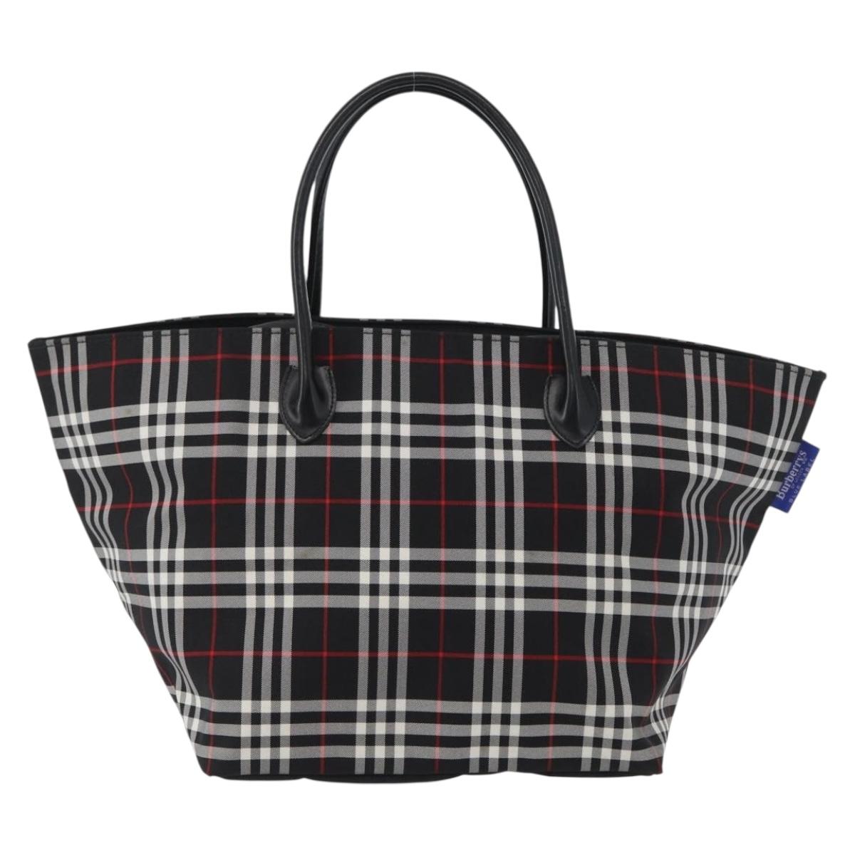 Burberrys Nova Check Blue Label Hand Bag Nylon Black Silver Auth fm5217