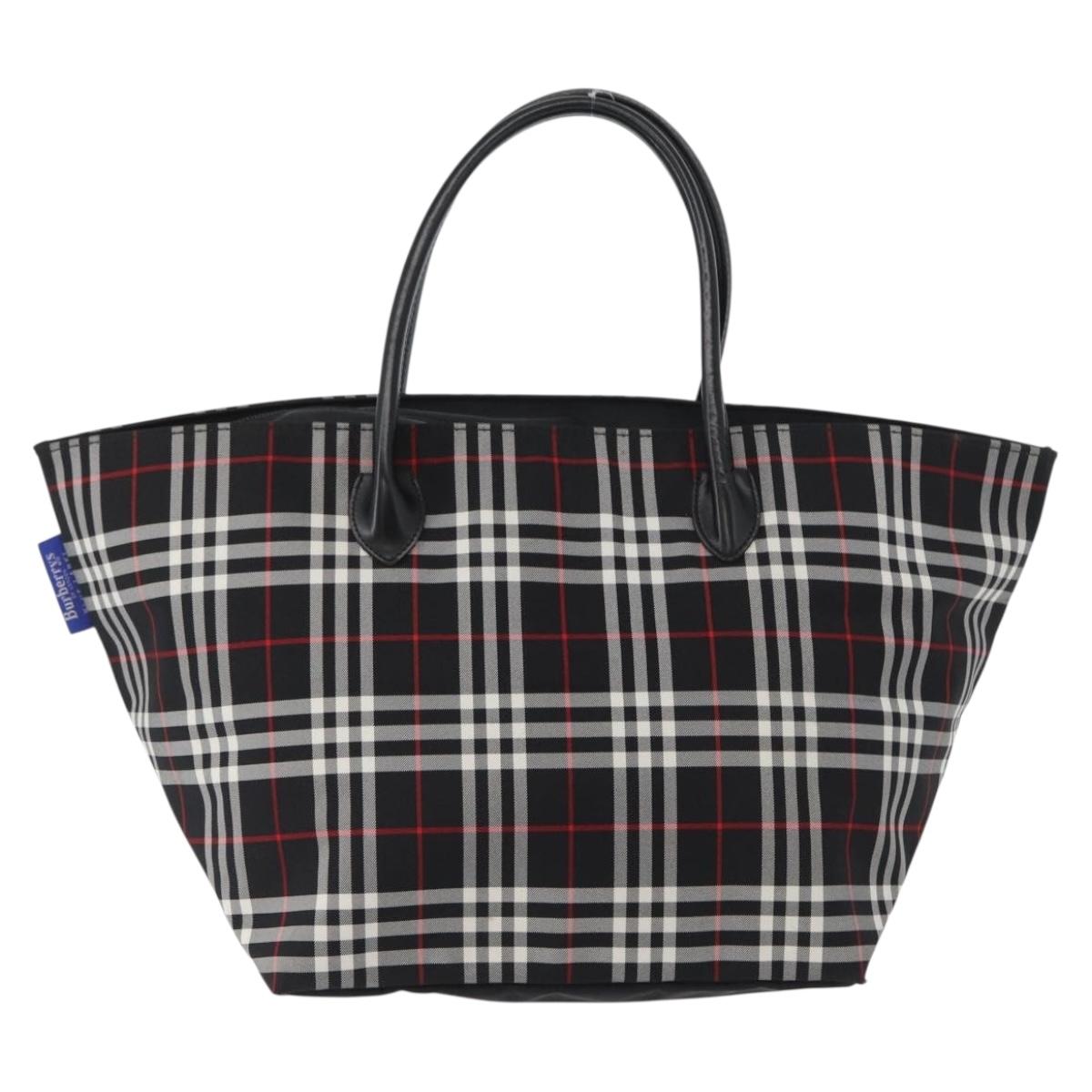 Burberrys Nova Check Blue Label Hand Bag Nylon Black Silver Auth fm5217