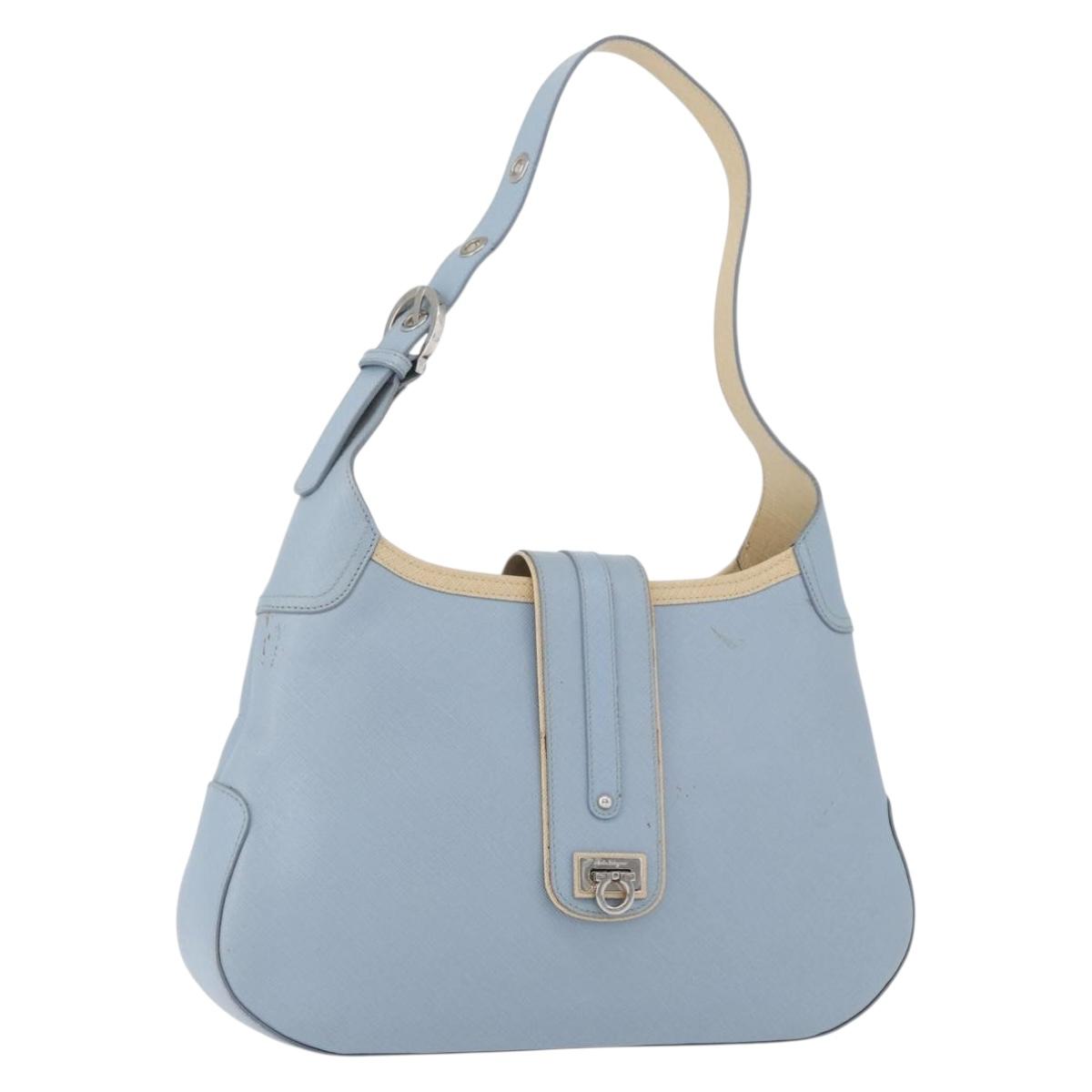 Salvatore Ferragamo Gancini Shoulder Bag Leather Light Blue Silver Auth fm5224