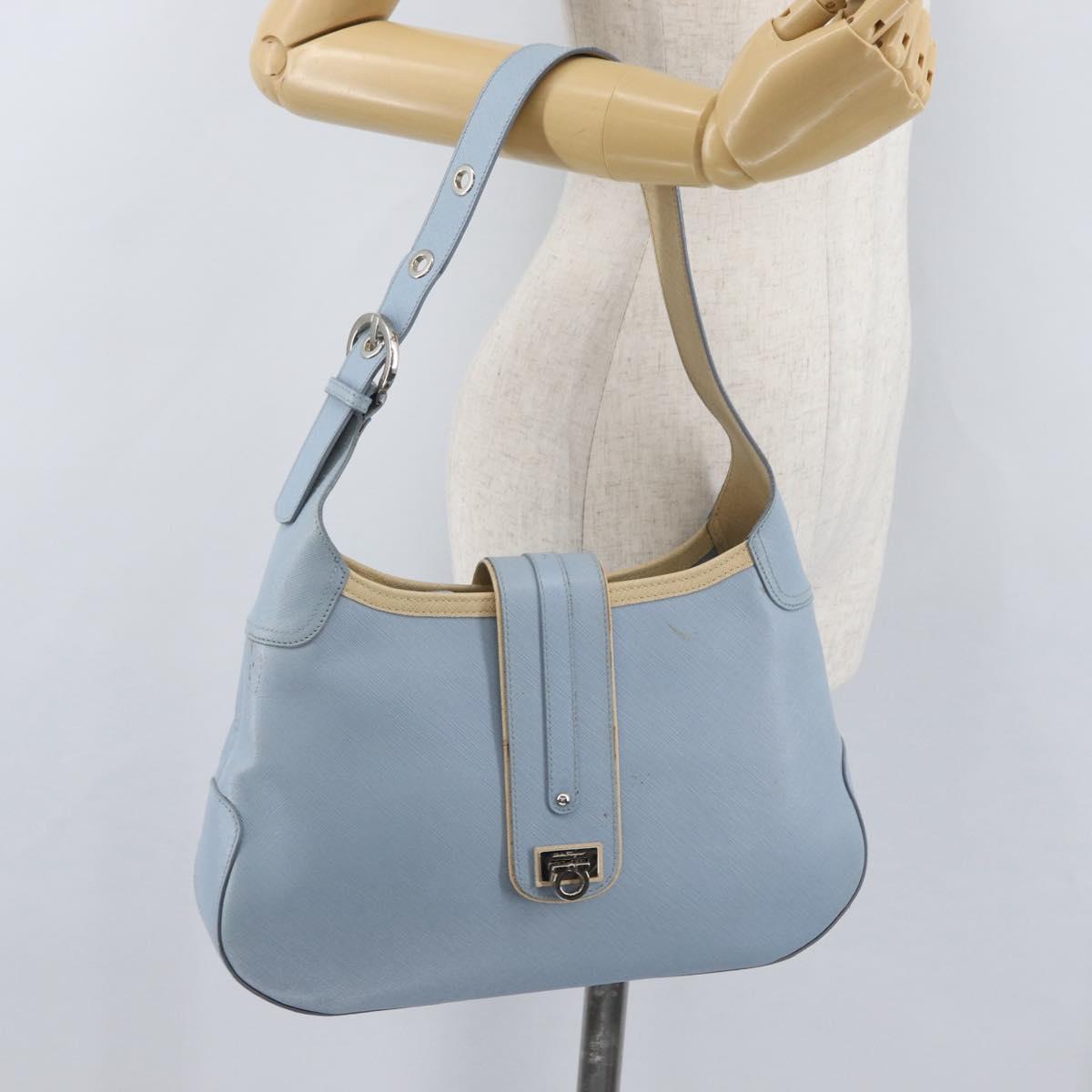 Salvatore Ferragamo Gancini Shoulder Bag Leather Light Blue Silver Auth fm5224
