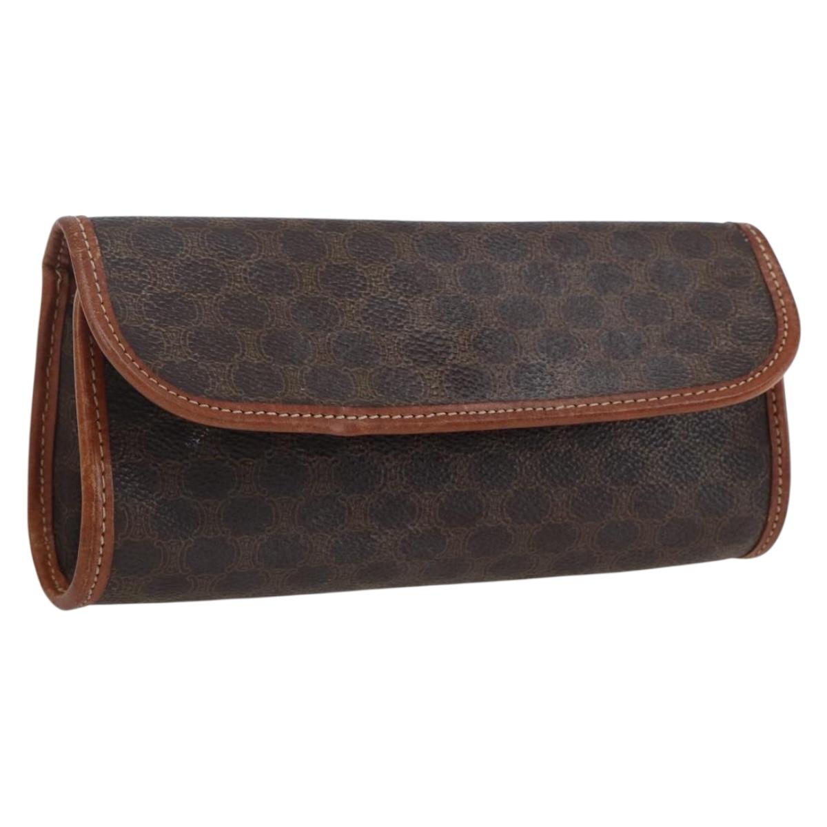 CELINE Macadam Canvas Pouch PVC Leather Brown Gold Auth fm5226