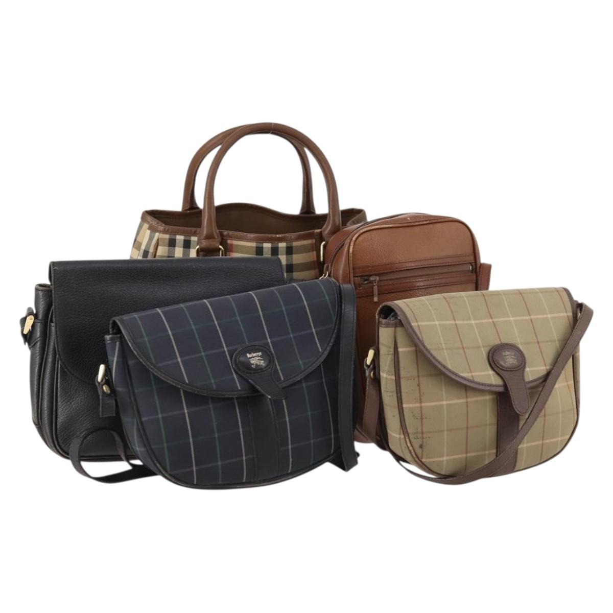 Burberrys Nova Check Bag Canvas Leather 5 Set Black Navy beige Auth fm5230