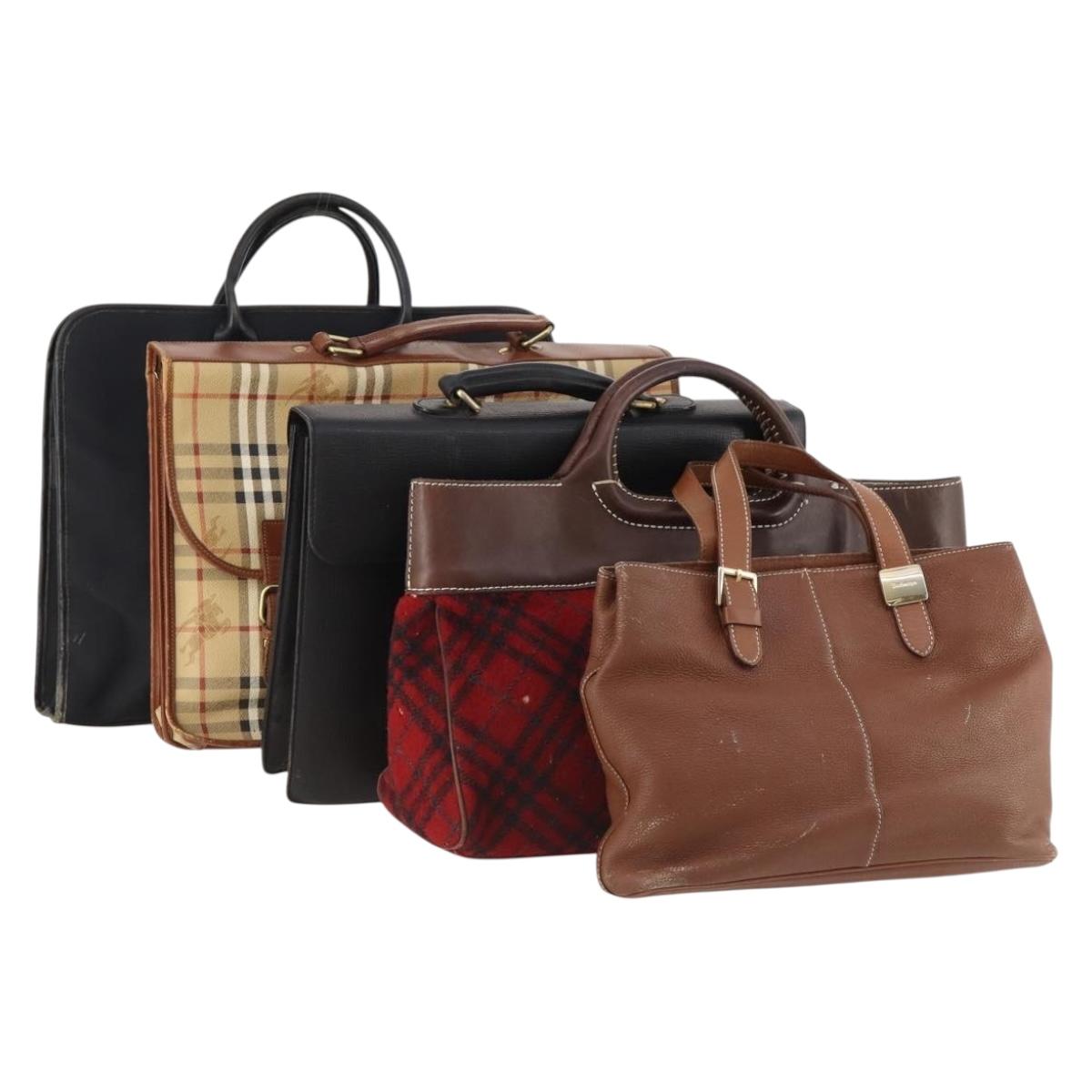 Burberrys Nova Check Blue Label Bag Leather PVC 5 Set Black Beige Auth fm5233