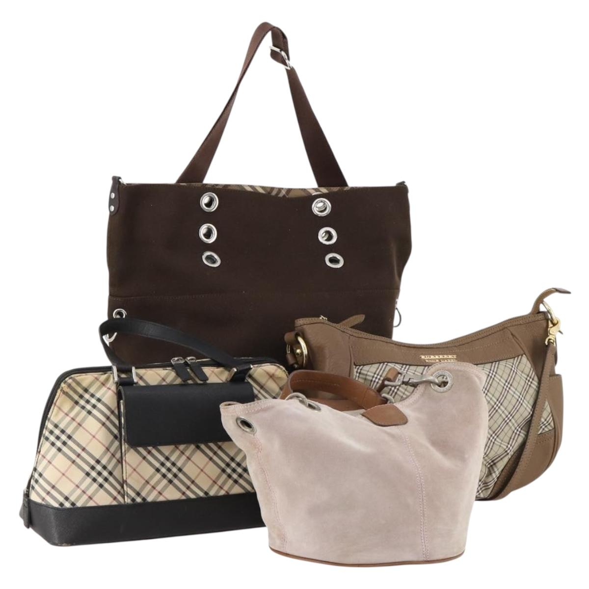 BURBERRY Nova Check Blue Label Bag Canvas Suede 4 Set Brown Beige Auth fm5239