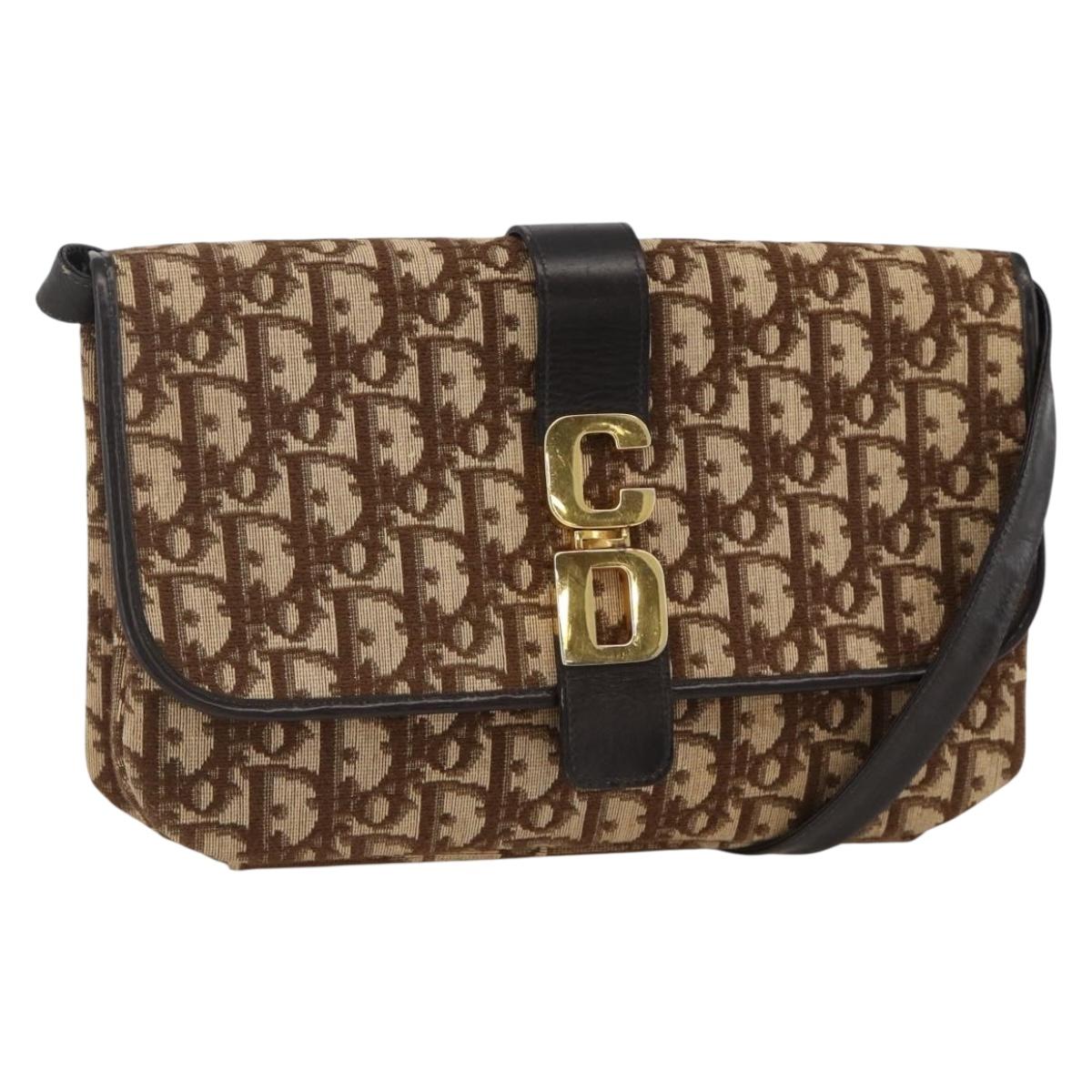 Christian Dior Trotter Canvas Shoulder Bag Beige Gold Auth fm5276