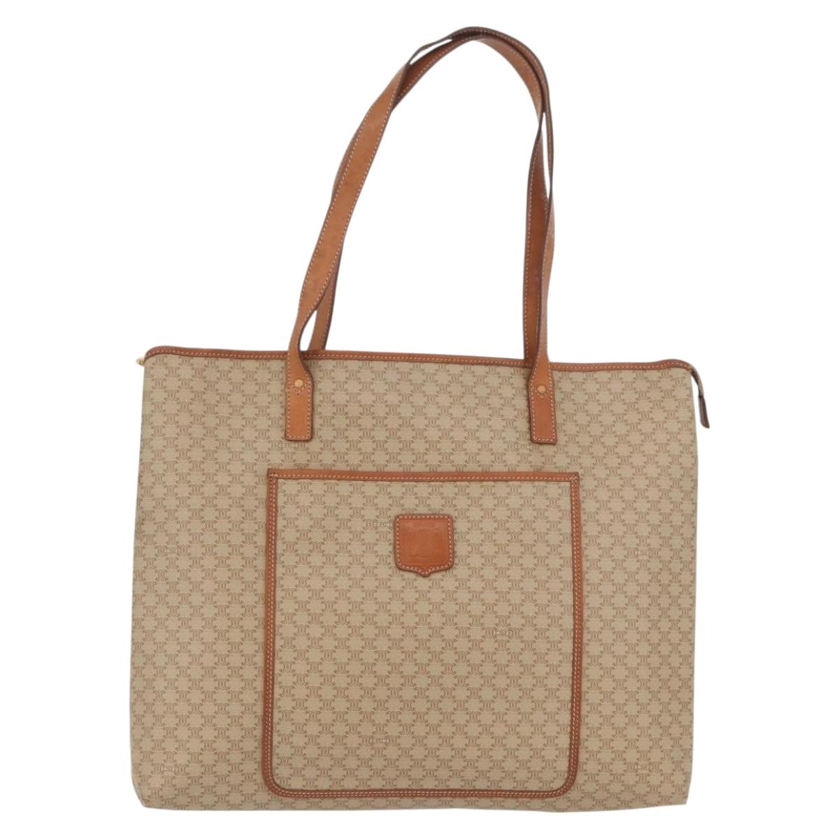 CELINE Macadam Canvas Tote Bag PVC Beige Gold Auth fm5278
