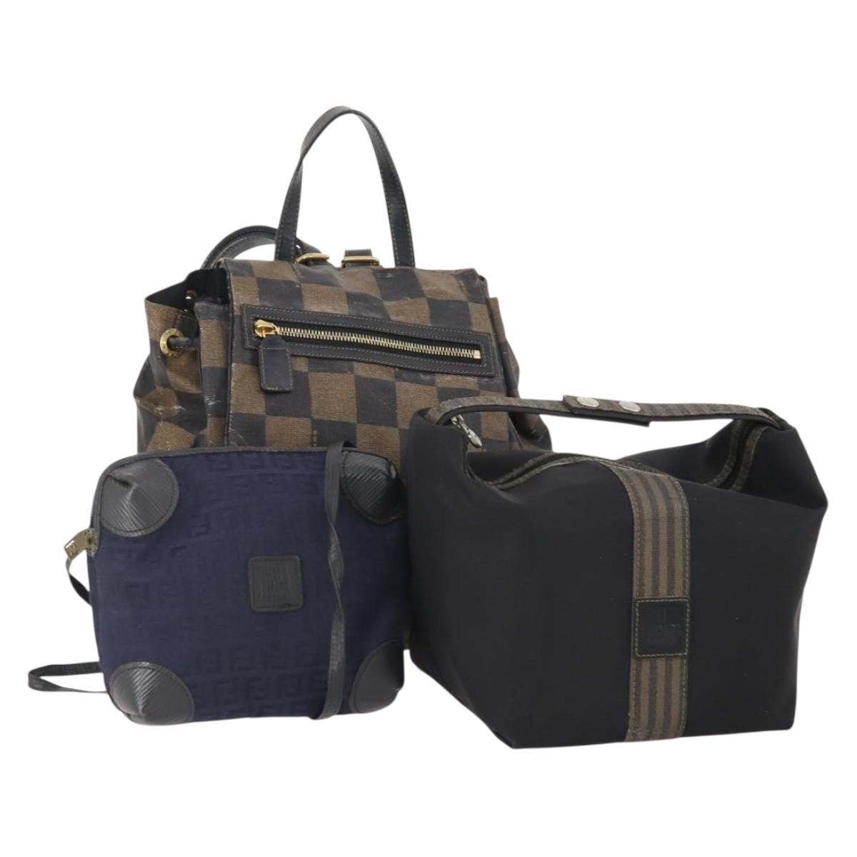 FENDI Pecan Canvas Zucchino Canvas Hand Bag 3 Set Brown Black Navy Auth fm5309