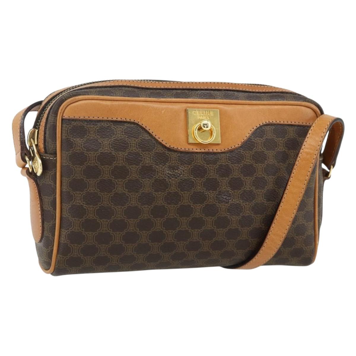 CELINE Macadam Canvas Shoulder Bag PVC Leather Brown Gold Auth fm5323