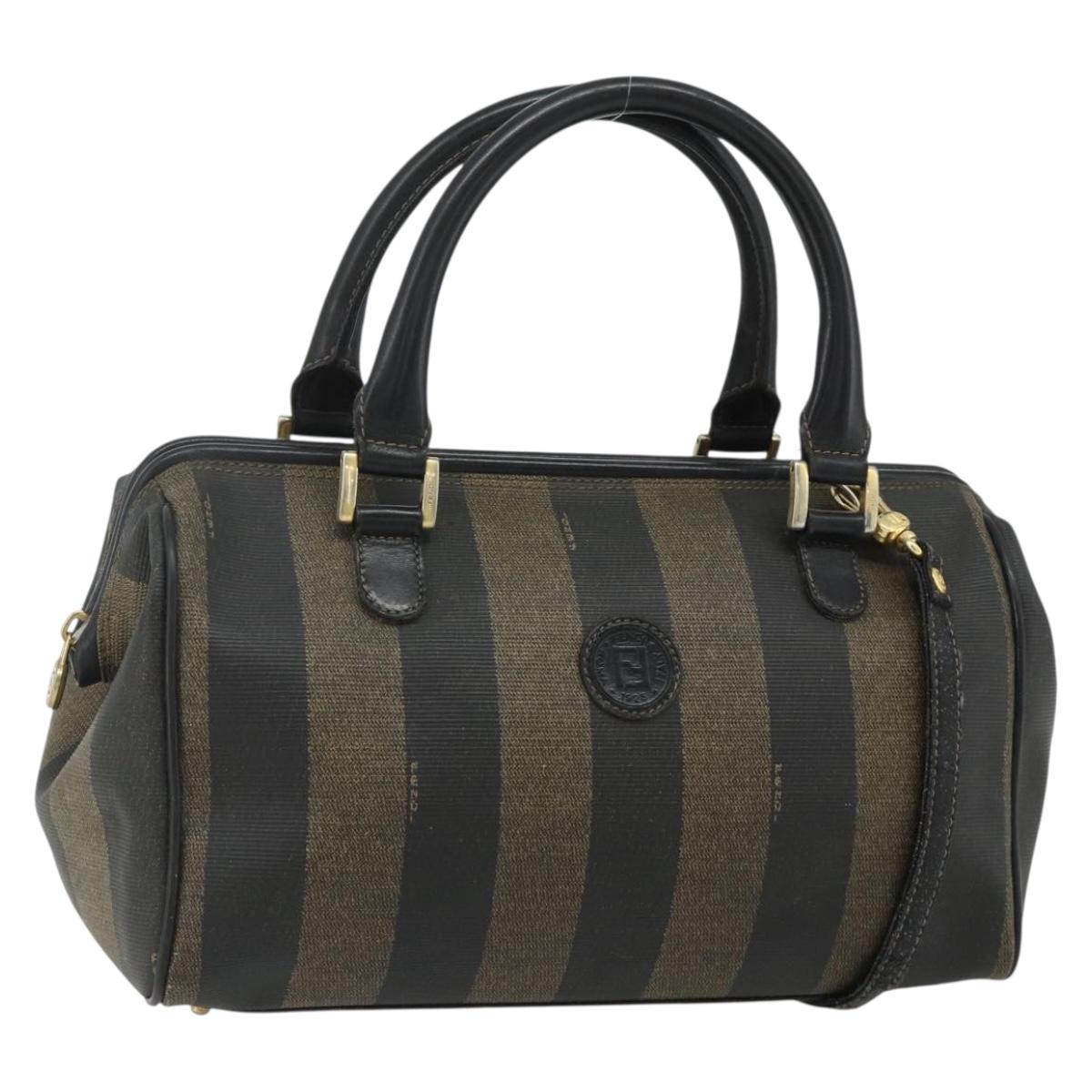 FENDI Pecan Canvas Hand Bag PVC 2way Black Brown Auth fm5333