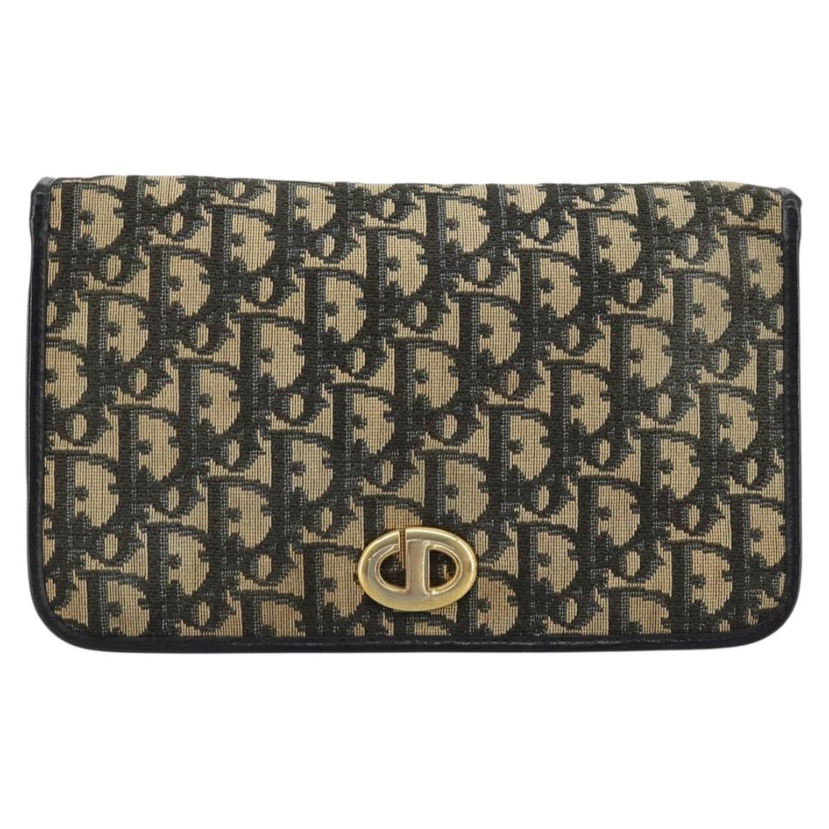 Christian Dior Trotter Canvas Chain Shoulder Bag Navy Gold Auth fm5340