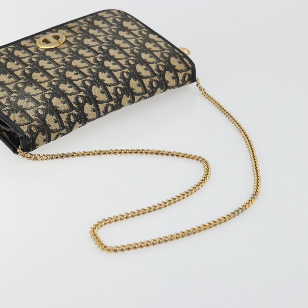Christian Dior Trotter Canvas Chain Shoulder Bag Navy Gold Auth fm5340