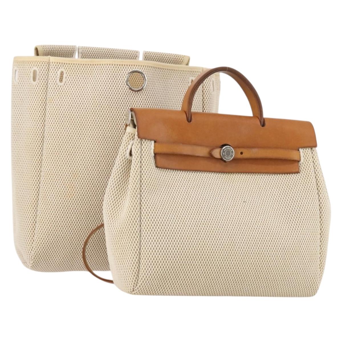 HERMES Herbag A Dos Hand Bag Canvas 2way White Silver Auth fm5359
