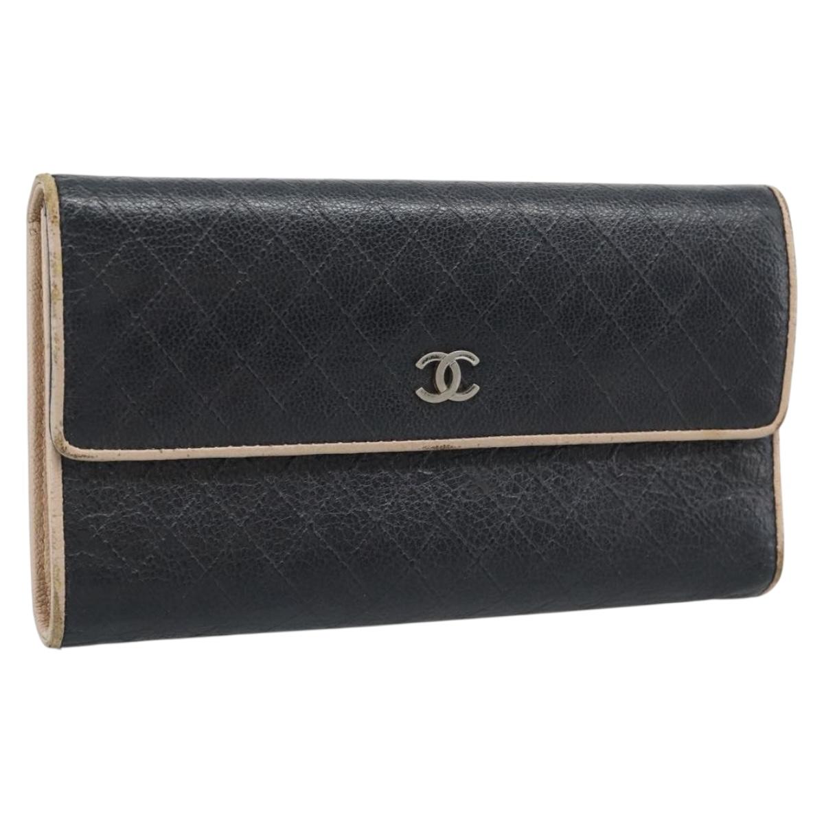 CHANEL Bicolore Long Wallet Leather Black Silver CC Auth fm5370