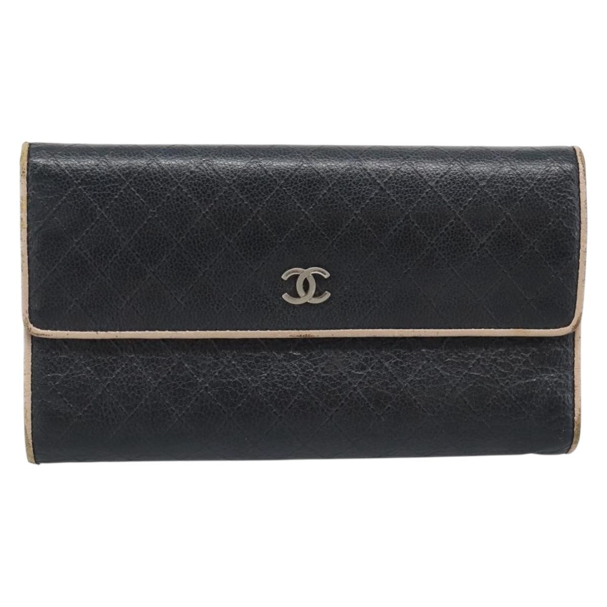 CHANEL Bicolore Long Wallet Leather Black Silver CC Auth fm5370
