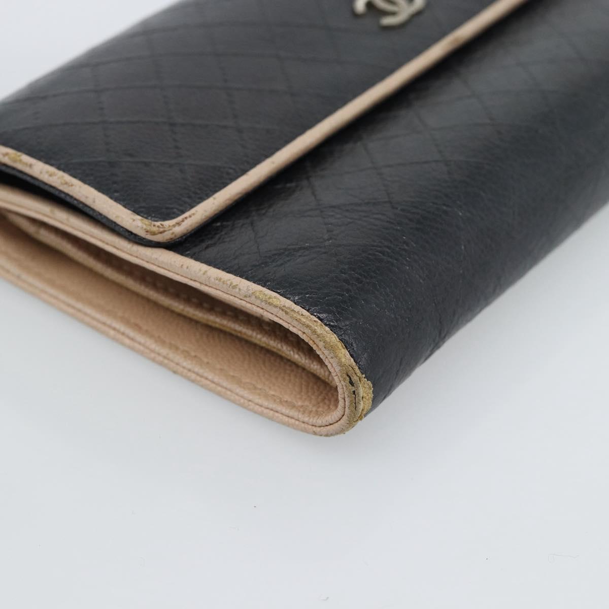 CHANEL Bicolore Long Wallet Leather Black Silver CC Auth fm5370