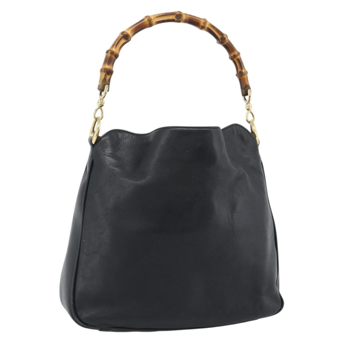 GUCCI Bamboo Hand Bag Leather Black Gold Auth fm5373