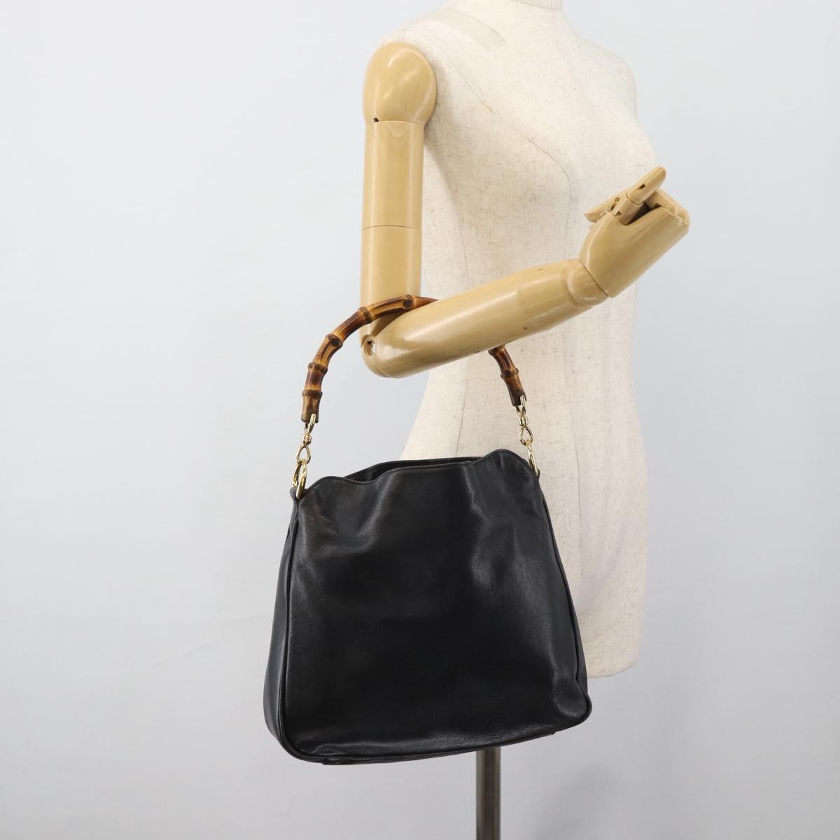 GUCCI Bamboo Hand Bag Leather Black Gold Auth fm5373