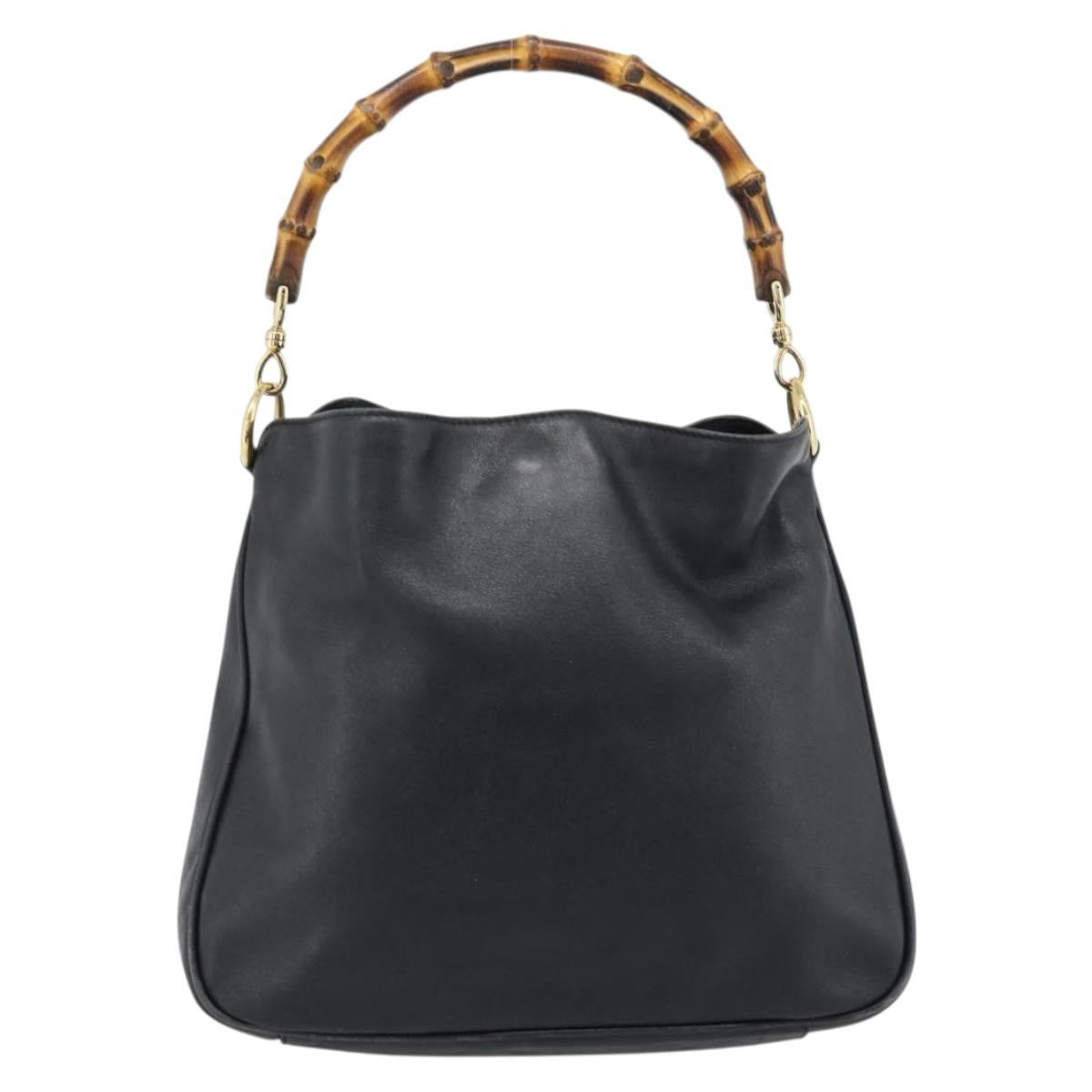 GUCCI Bamboo Hand Bag Leather Black Gold Auth fm5373