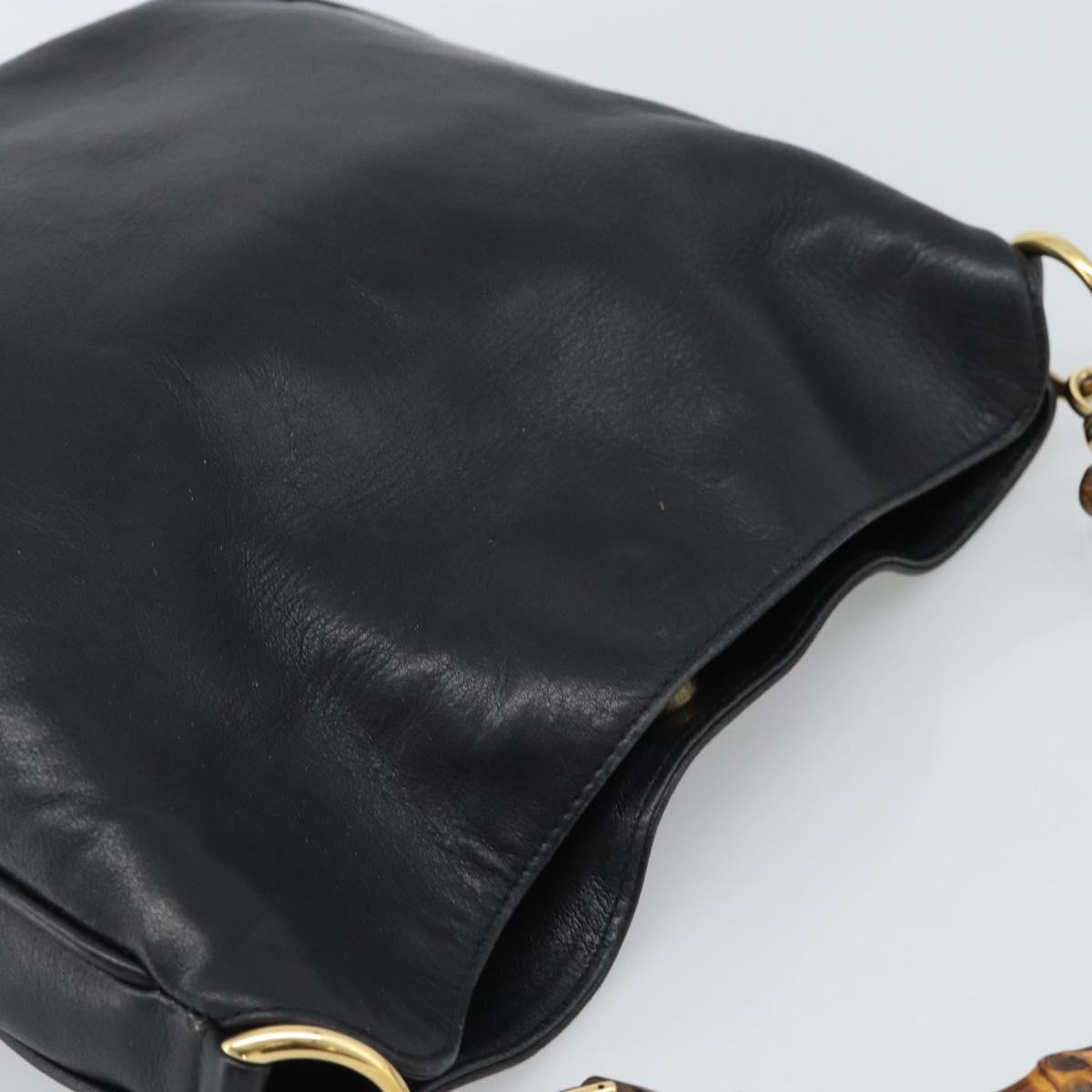 GUCCI Bamboo Hand Bag Leather Black Gold Auth fm5373