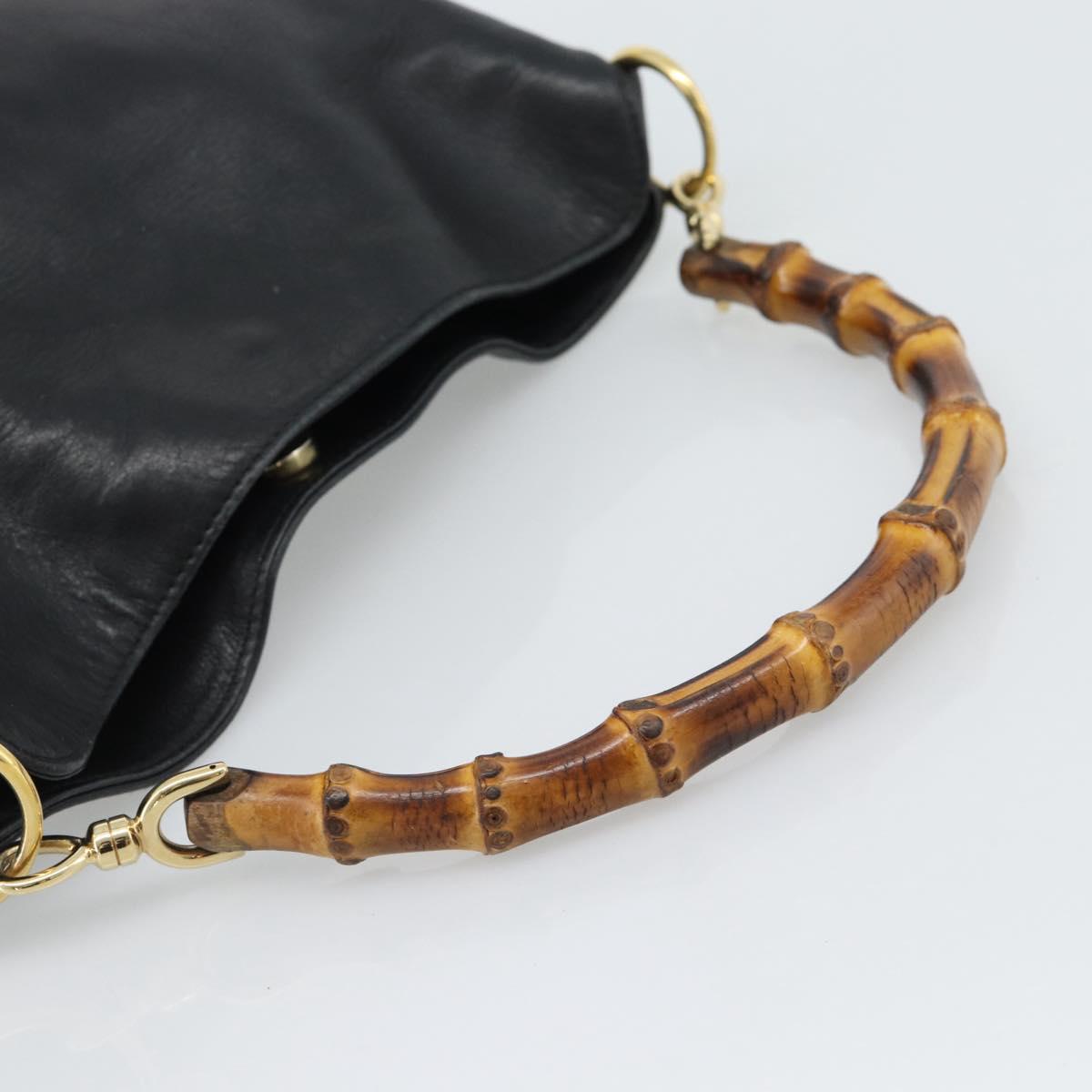 GUCCI Bamboo Hand Bag Leather Black Gold Auth fm5373
