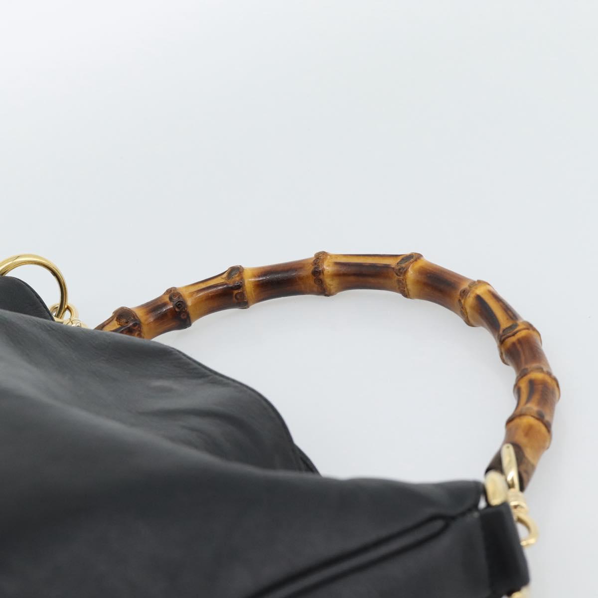 GUCCI Bamboo Hand Bag Leather Black Gold Auth fm5373