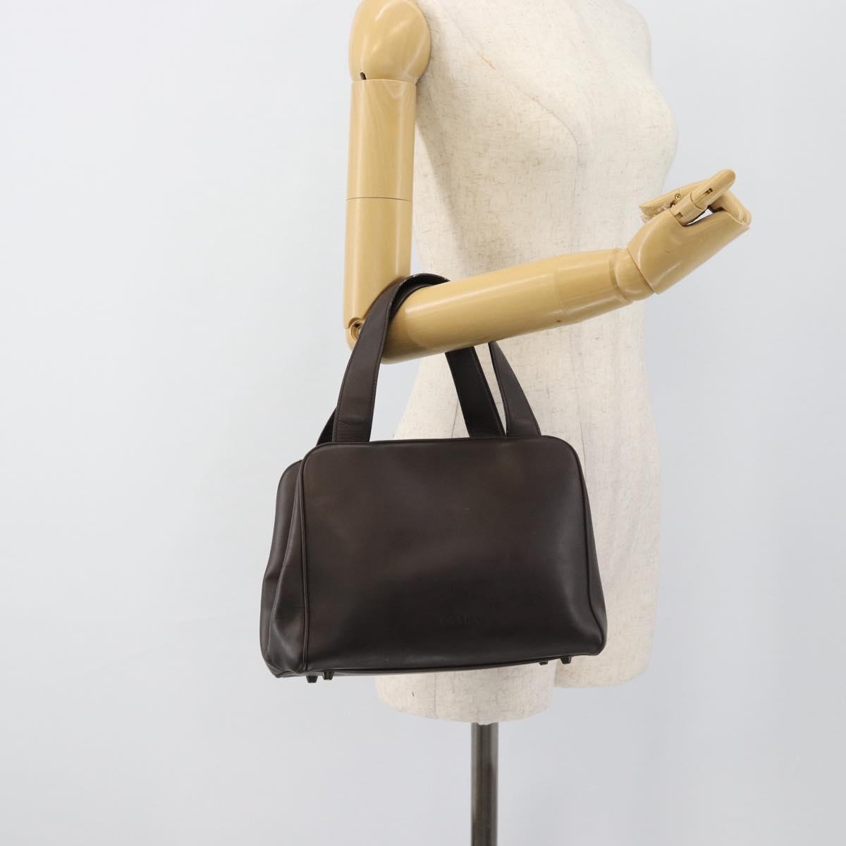 PRADA Hand Bag Leather Dark Brown Silver Auth fm5374