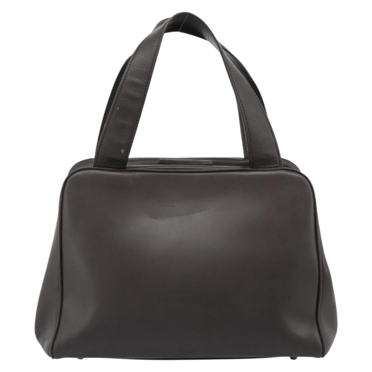 PRADA Hand Bag Leather Dark Brown Silver Auth fm5374