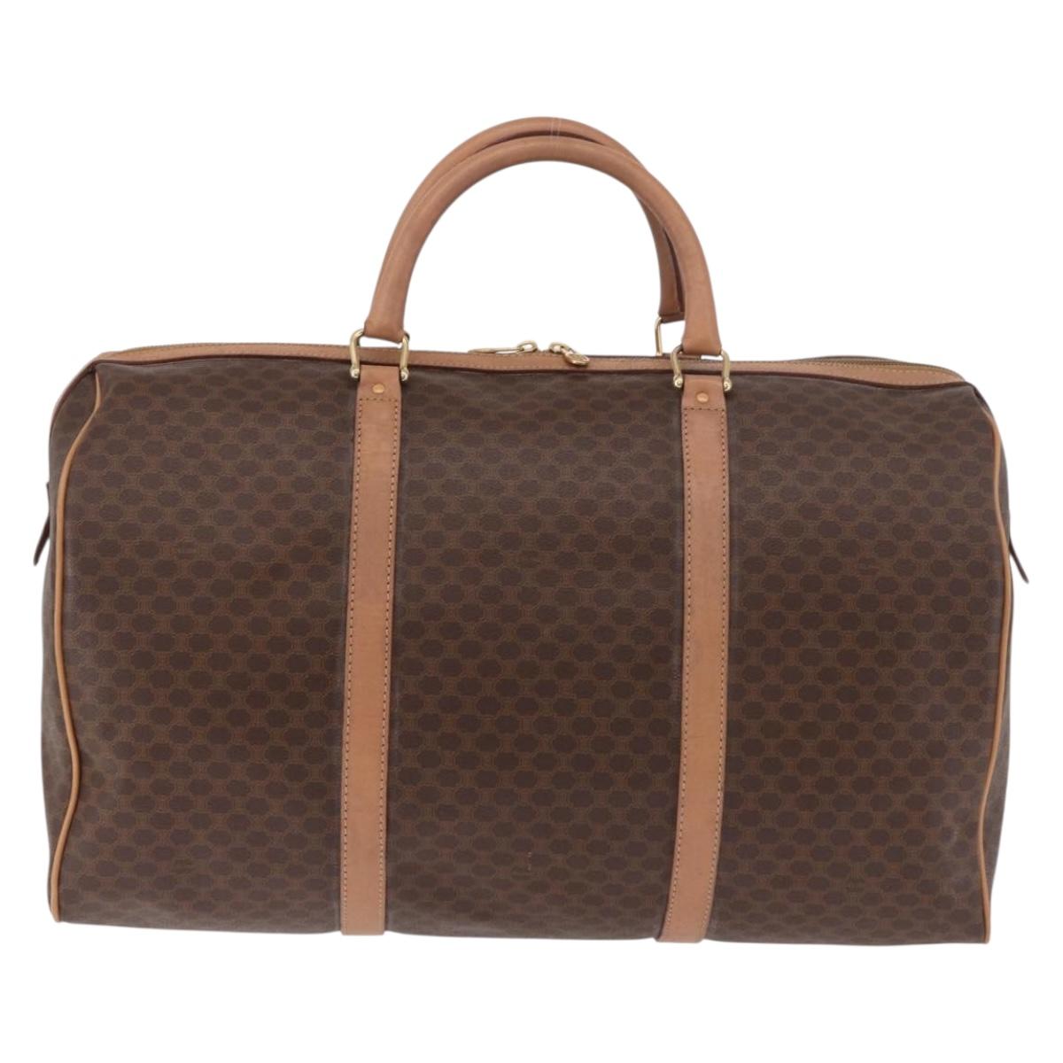 CELINE Macadam Canvas Boston Bag PVC Leather Brown Gold Auth fm5376