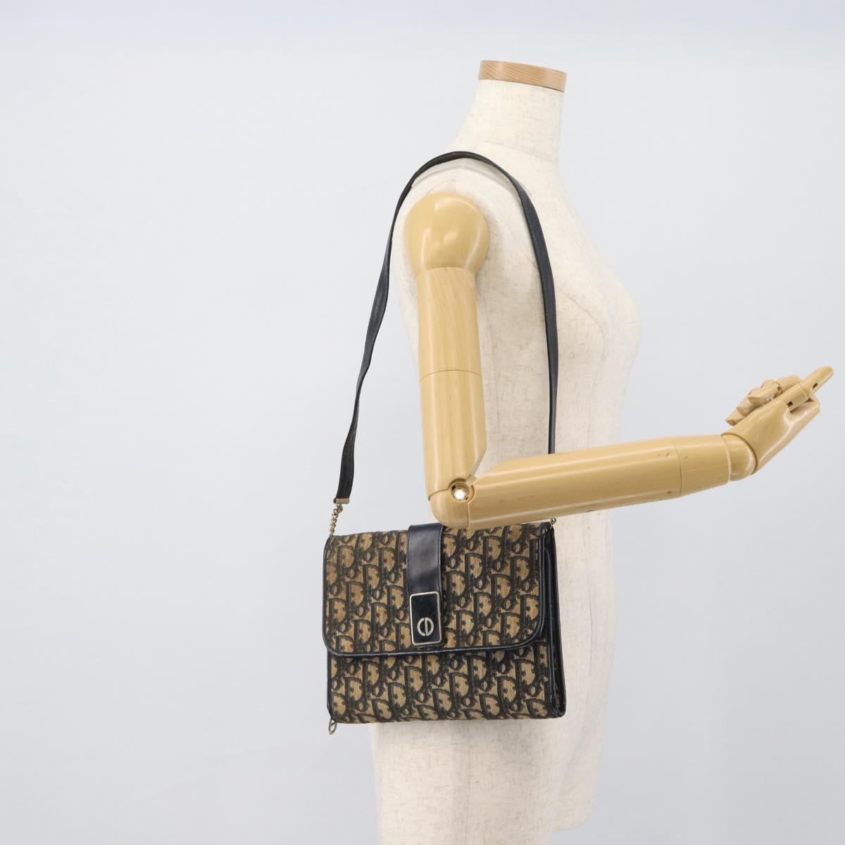 Christian Dior Trotter Canvas Shoulder Bag Navy Gold Auth fm5383