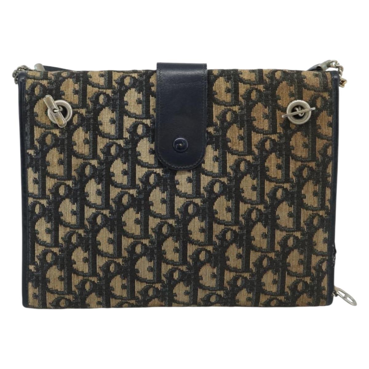 Christian Dior Trotter Canvas Shoulder Bag Navy Gold Auth fm5383